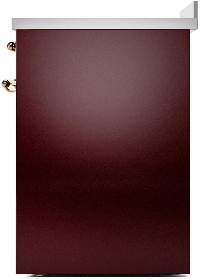 Burgundy side panel of freestanding electric induction range with brass handle hardware