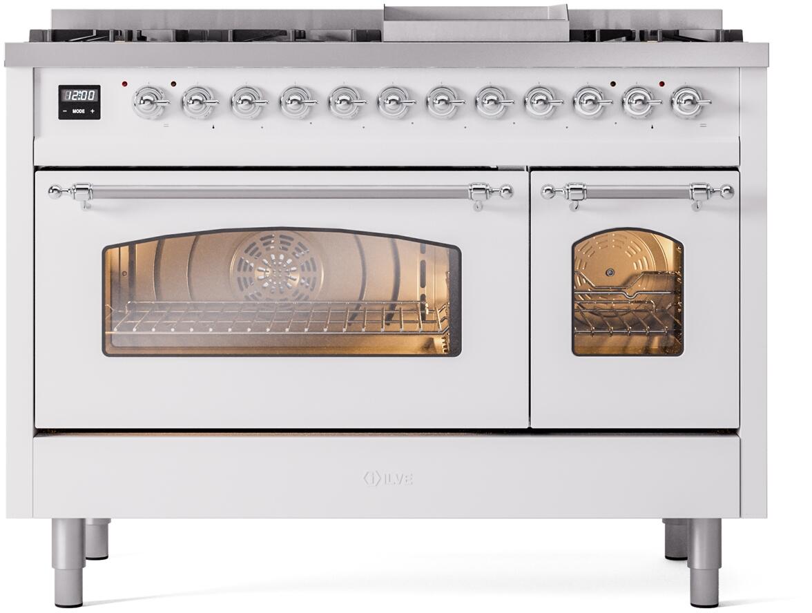 White dual fuel freestanding range with oven windows and knob row on the control panel.