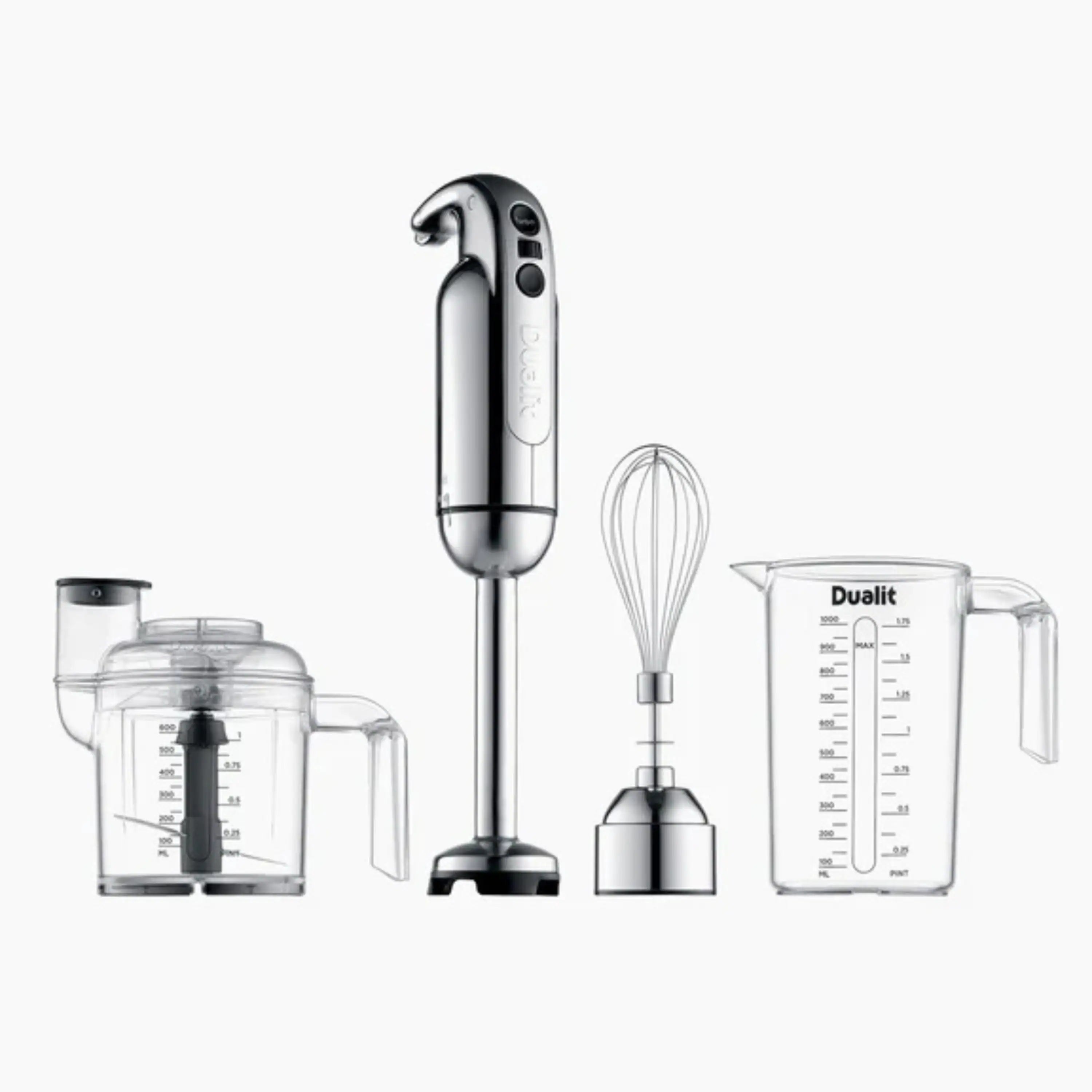Dualit chrome hand blender with whisk, chopper cup, and measuring jug attachments