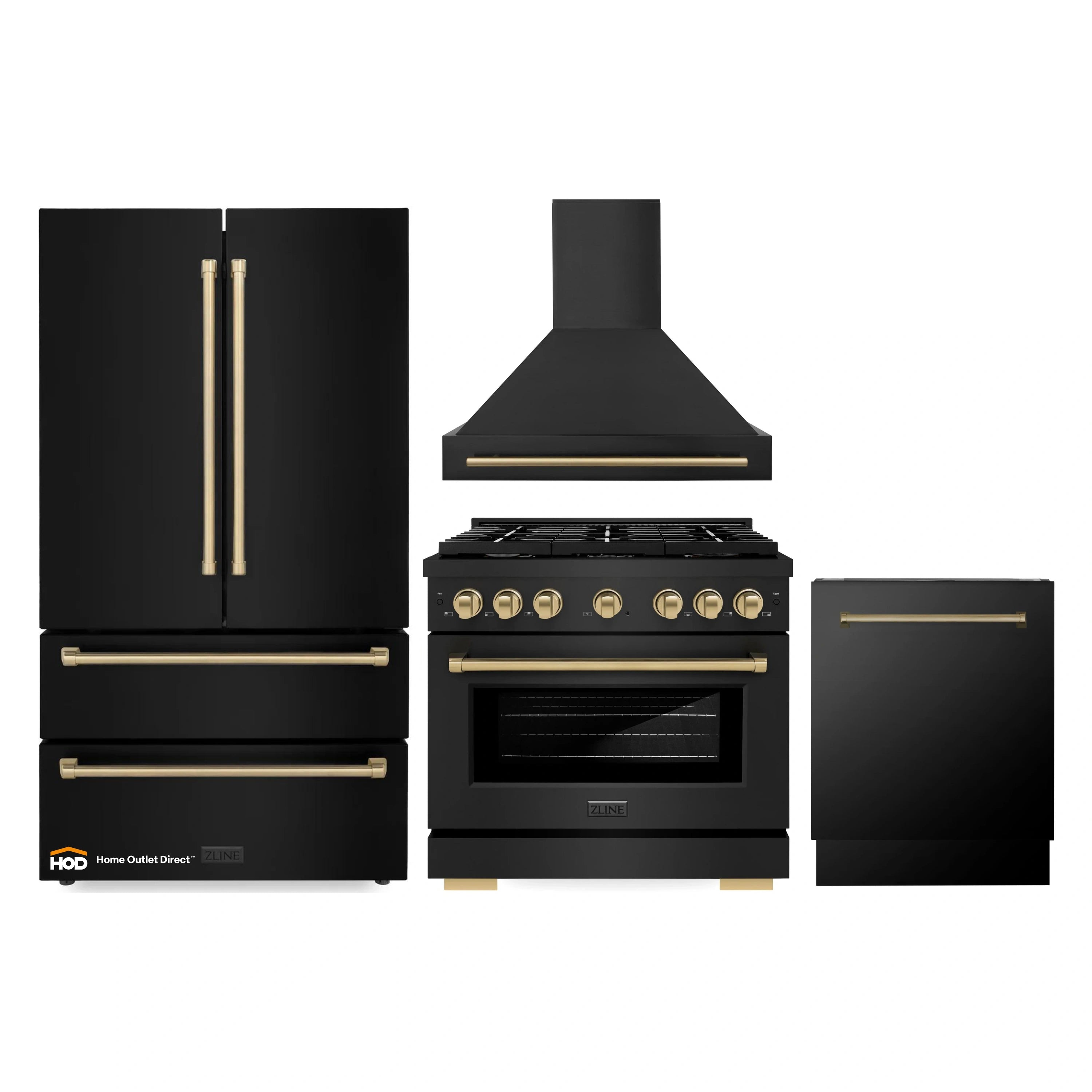4-piece black stainless appliance package with champagne bronze trim: range, hood, fridge, dishwasher