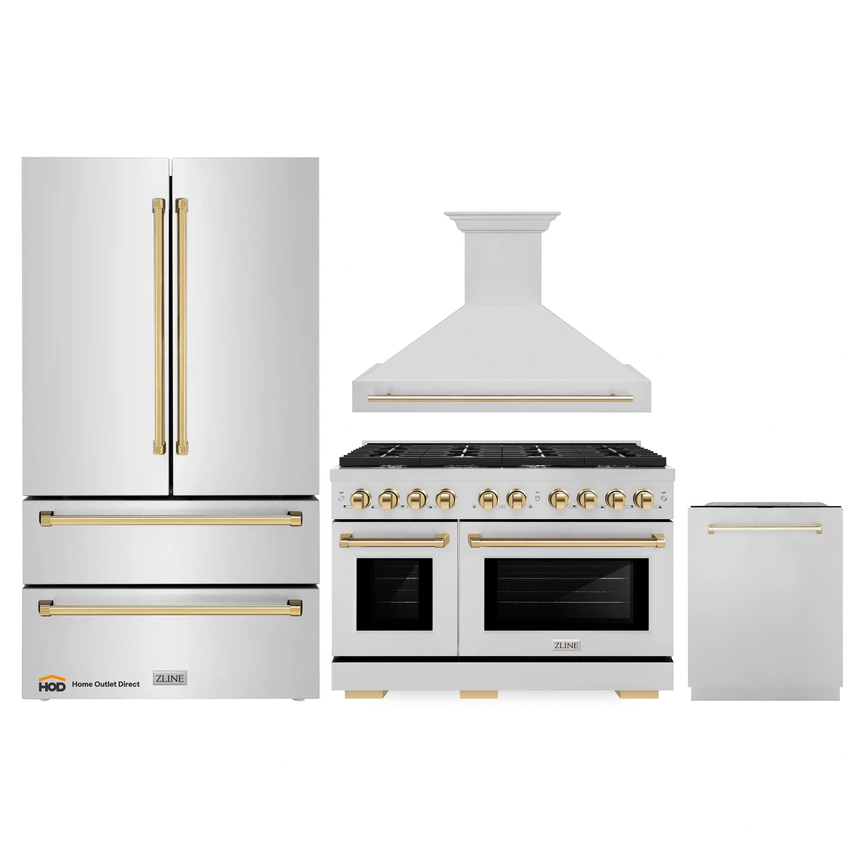Stainless appliance package with refrigerator, gas range, wall hood, and dishwasher