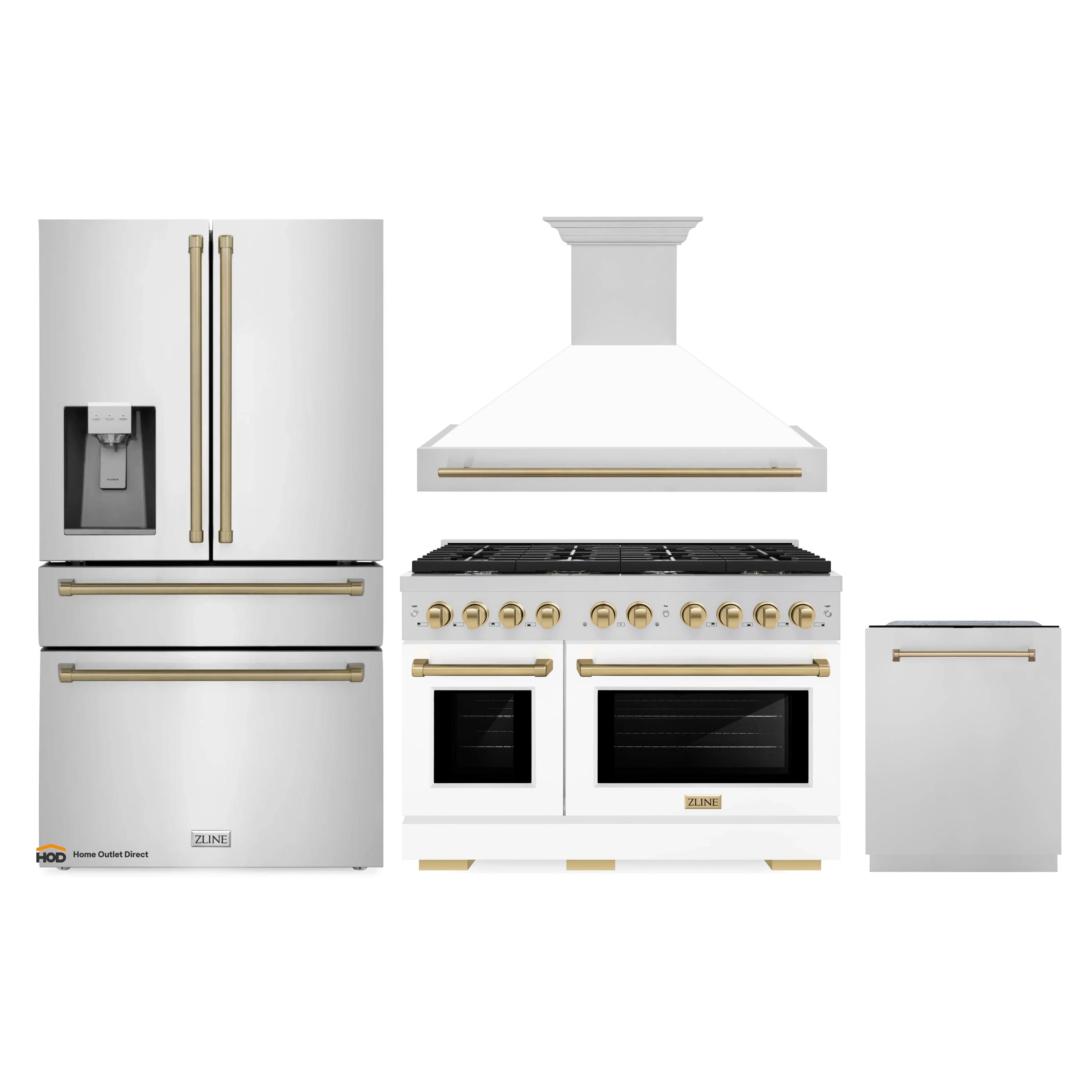 Stainless gas range with hood, white refrigerator with water dispenser, dishwasher