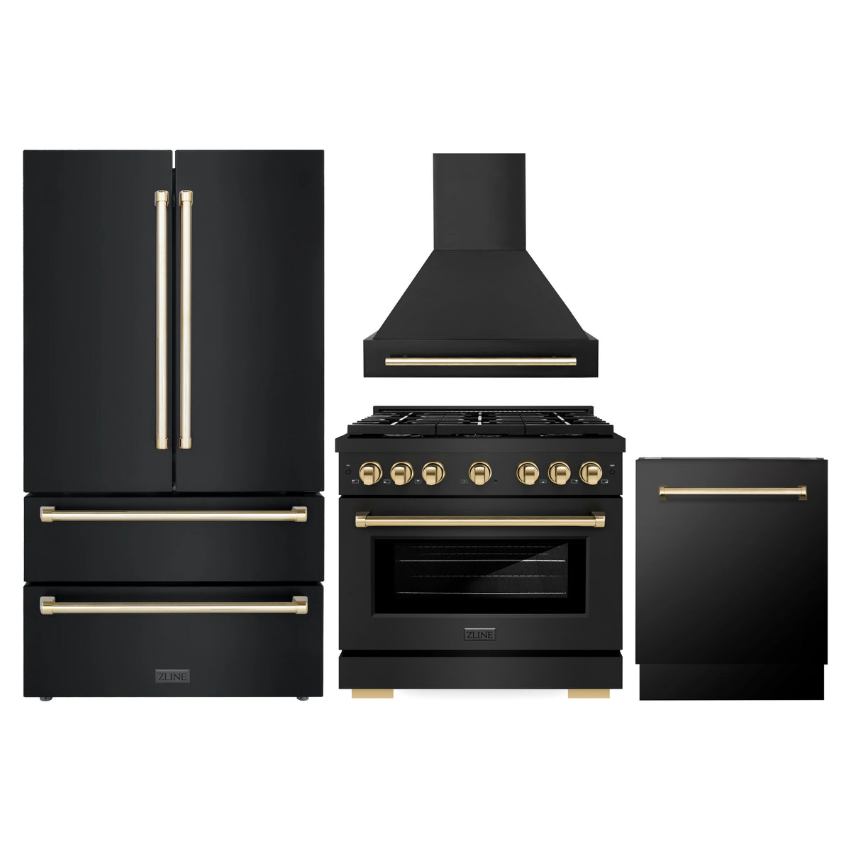 ZLINE Autograph Edition 4-Piece Appliance Package - 36-Inch Gas Range, Refrigerator, Wall Mounted Range Hood, & 24-Inch Tall Tub Dishwasher in Black Stainless Steel with Gold Trim (4AKPR-SGRBRHDWV36-G)