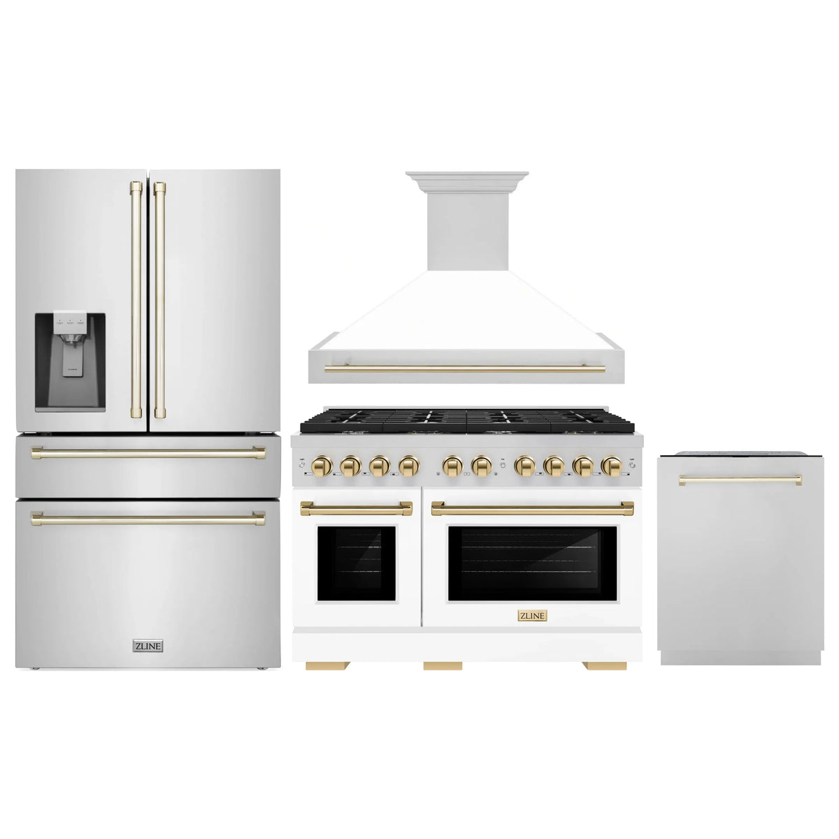 ZLINE Autograph Edition 4-Piece Appliance Package - 48-Inch Stainless Steel Gas Range, Refrigerator with Water Dispenser, Wall Mounted Range Hood, & 24-Inch Tall Tub Dishwasher in White Matte and Gold Accents (4AKPR-SGRWMRHDWM48-G)