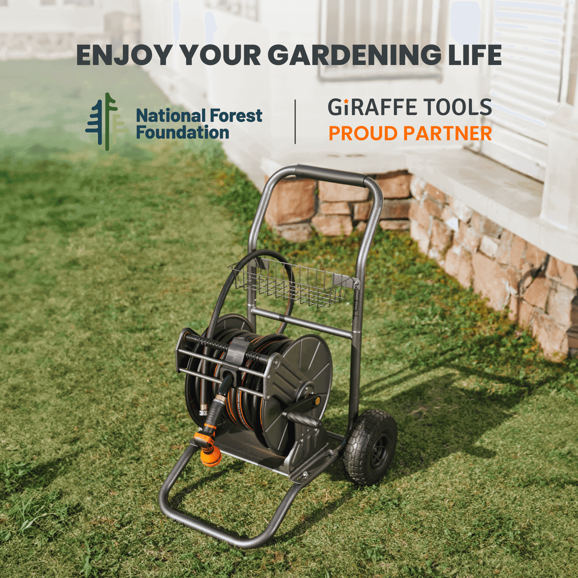 Two-wheel garden hose reel cart with metal frame, wire basket, and coiled hose