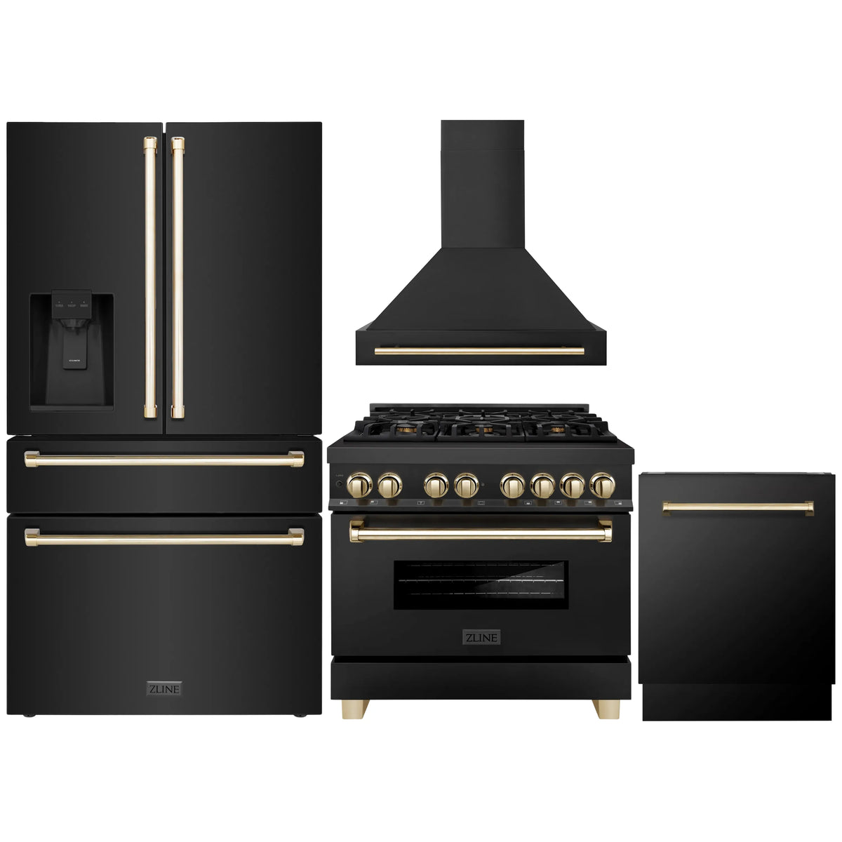 ZLINE Autograph Edition 4-Piece Appliance Package - 36-Inch Dual Fuel Range, Refrigerator with Water Dispenser, Wall Mounted Range Hood, and 24-Inch Tall Tub Dishwasher in Black Stainless Steel with Gold Trim (4KAPR-RABRHDWV36-G)