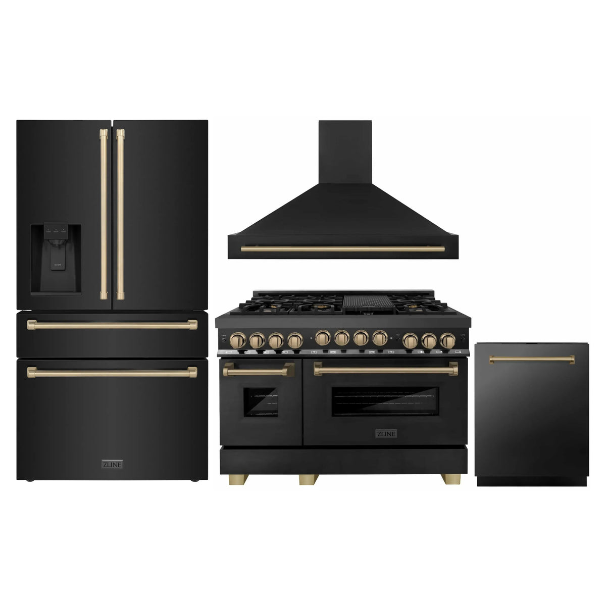 ZLINE Autograph Edition 4-Piece Appliance Package - 48-Inch Dual Fuel Range, Refrigerator with Water Dispenser, Wall Mounted Range Hood, & 24-Inch Tall Tub Dishwasher in Black Stainless Steel with Champagne Bronze Trim (4KAPR-RABRHDWV48-CB)
