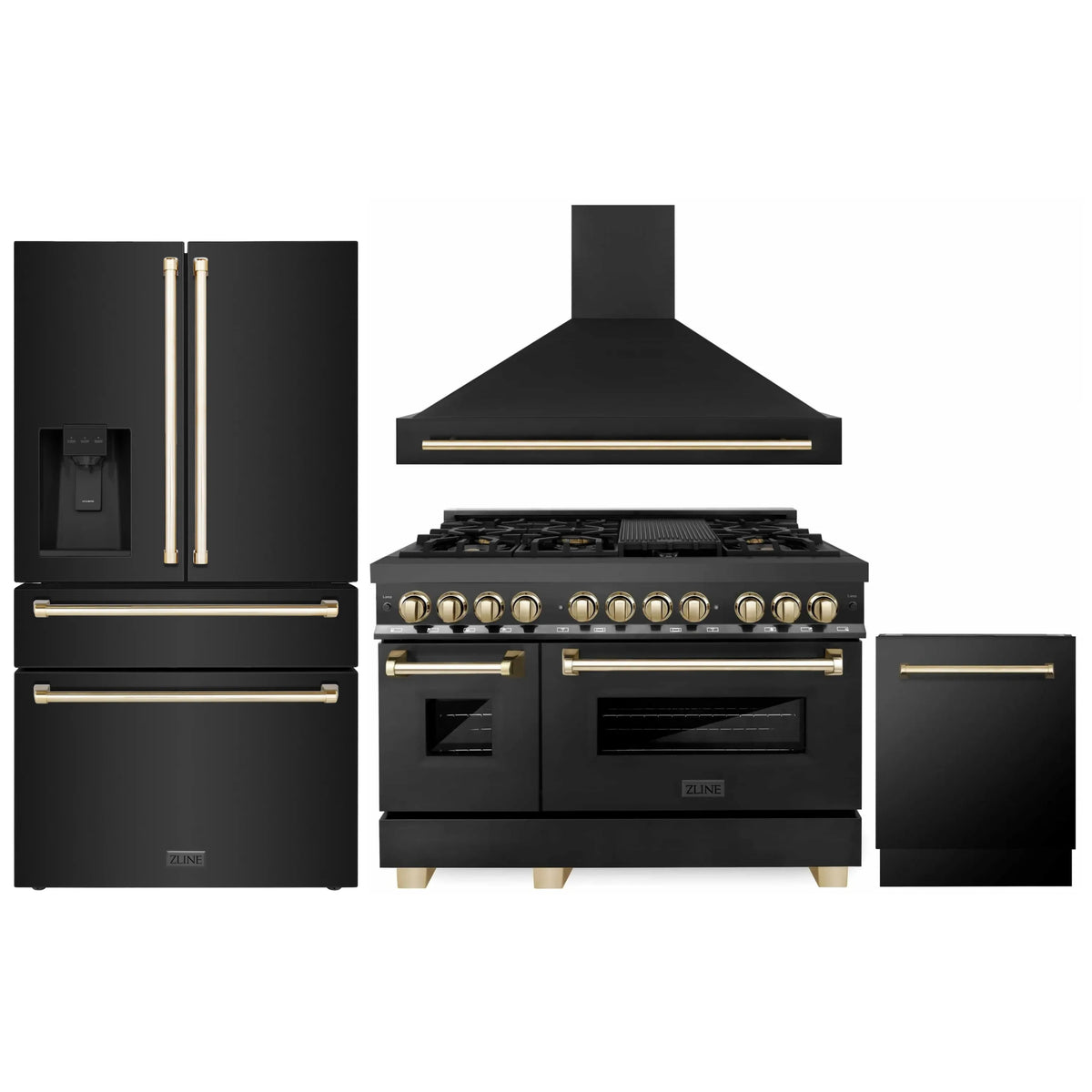 ZLINE Autograph Edition 4-Piece Appliance Package - 48-Inch Dual Fuel Range, Refrigerator with Water Dispenser, Wall Mounted Range Hood, & 24-Inch Tall Tub Dishwasher in Black Stainless Steel with Gold Trim (4KAPR-RABRHDWV48-G)