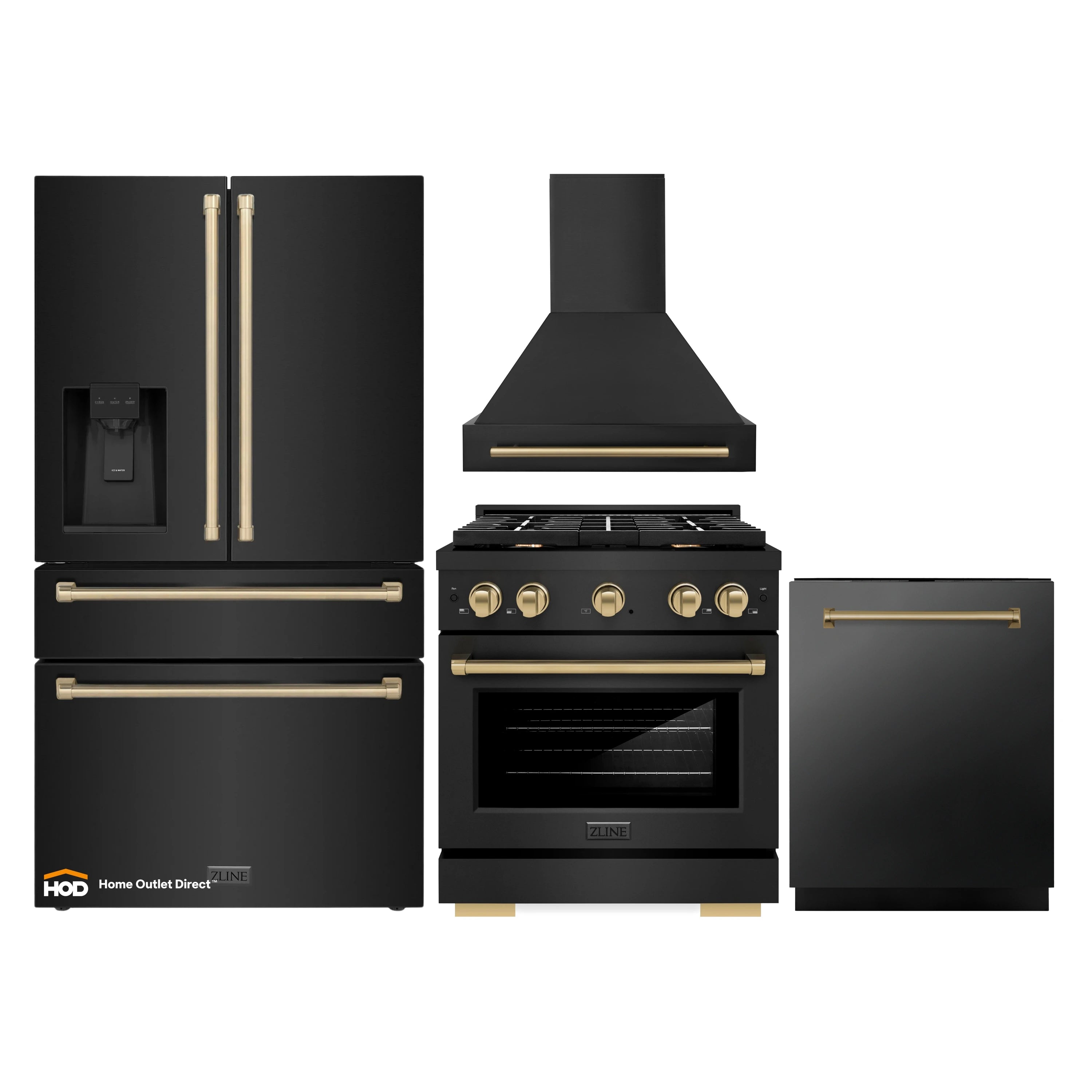 Kitchen appliance package with black gas range, refrigerator, range hood, and dishwasher
