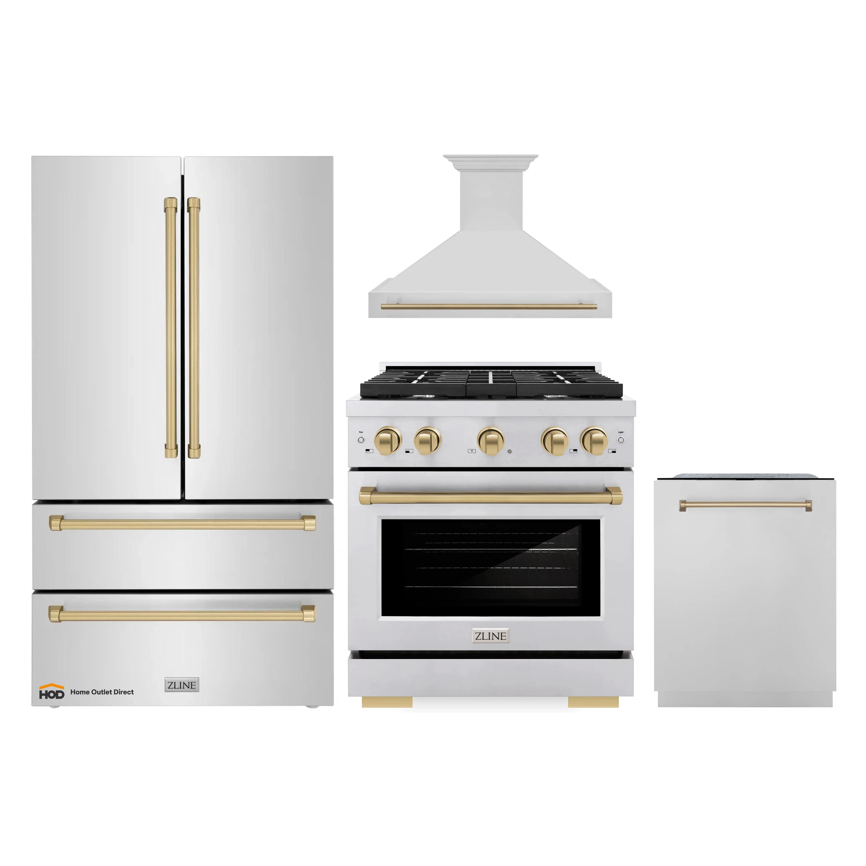 Four-piece kitchen appliance set: refrigerator, gas range, wall hood, dishwasher