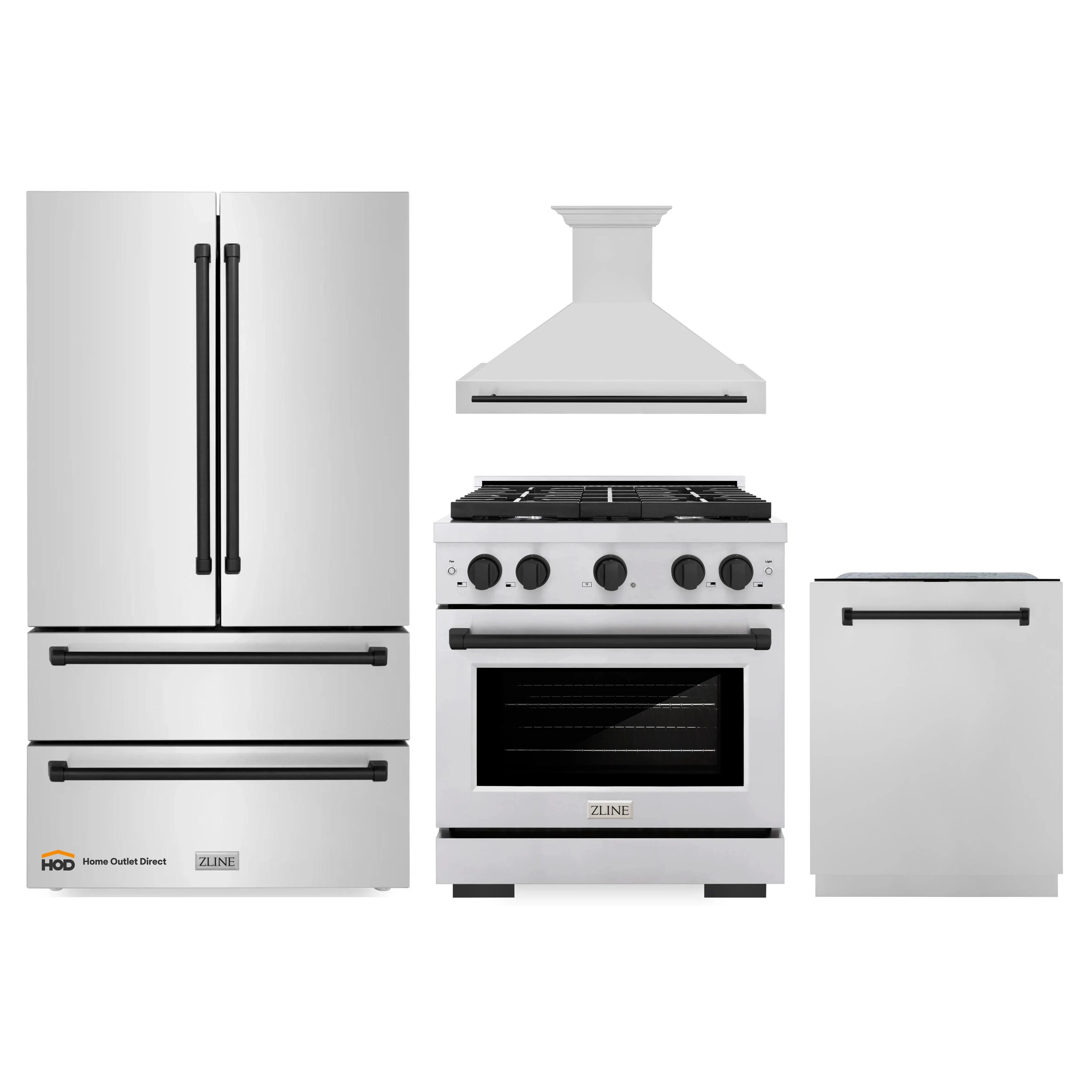 4-piece appliance package: stainless gas range, wall hood, refrigerator, and dishwasher