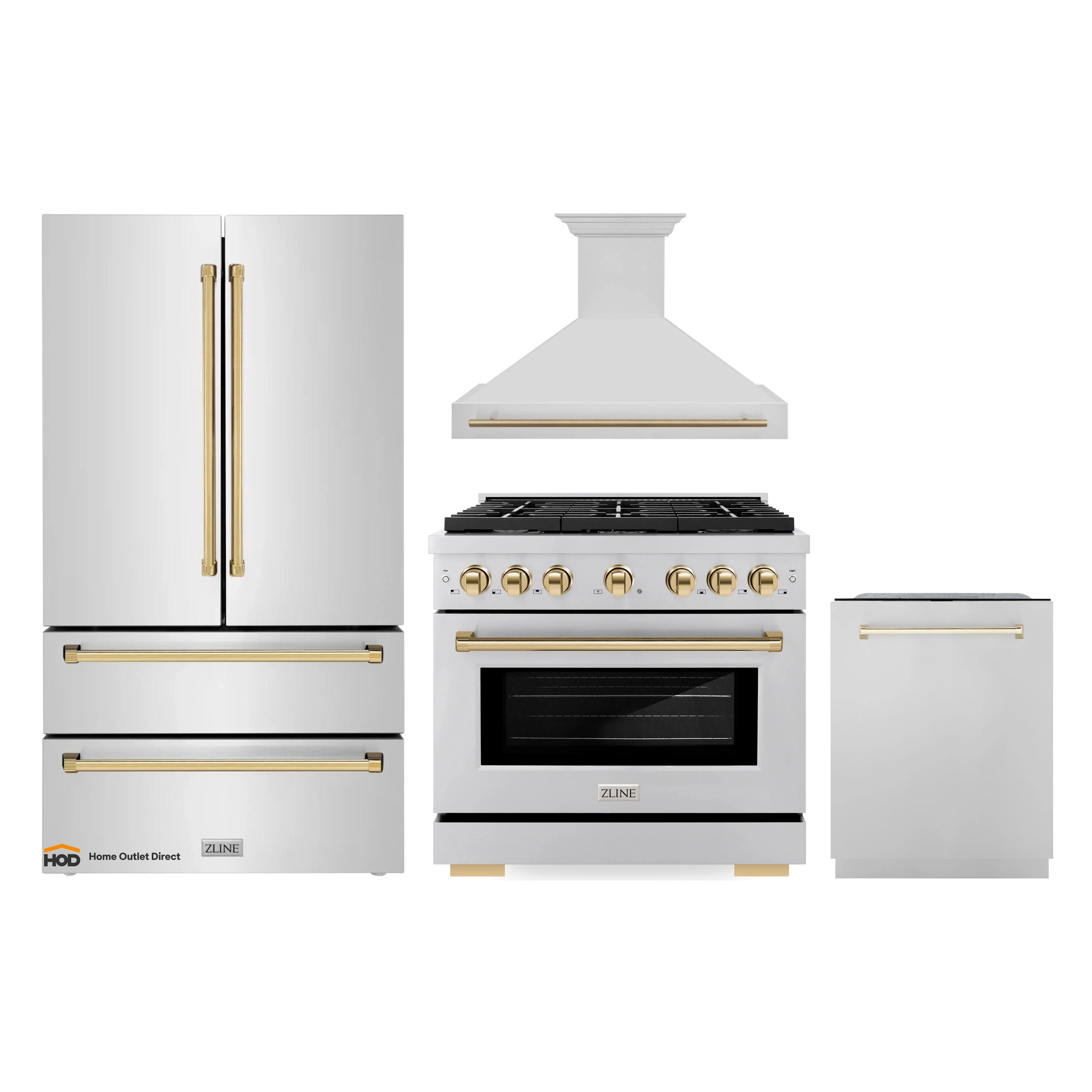 Stainless steel appliance package with gold trim: range, hood, refrigerator, dishwasher