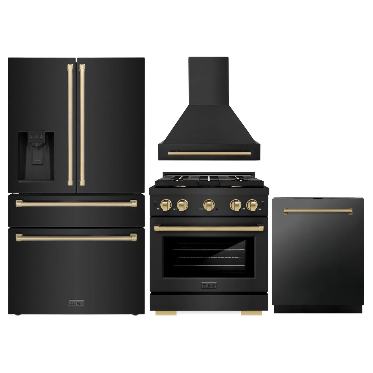 ZLINE Autograph Edition 4-Piece Appliance Package - 30-Inch Gas Range, Refrigerator with Water Dispenser, Wall Mounted Range Hood, & 24-Inch Tall Tub Dishwasher in Black Stainless Steel with Champagne Bronze Trim (4KAPR-SGRBRHDWV30-CB)