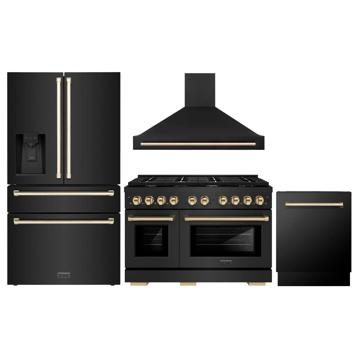 ZLINE Autograph Edition 4-Piece Appliance Package - 48-Inch Gas Range, Refrigerator with Water Dispenser, Wall Mounted Range Hood, & 24-Inch Tall Tub Dishwasher in Black Stainless Steel with Gold Trim (4KAPR-SGRBRHDWV48-G)