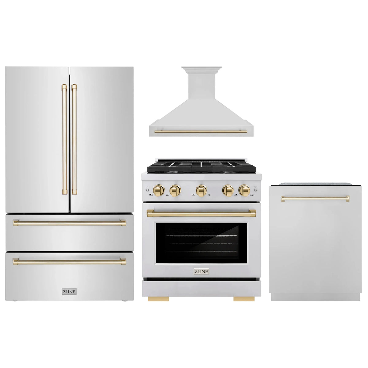 ZLINE Autograph Edition 4-Piece Appliance Package - 30-Inch Gas Range, Refrigerator, Wall Mounted Range Hood, & 24-Inch Tall Tub Dishwasher in Stainless Steel with Gold Trim (4KAPR-SGRRHDWM30-G)