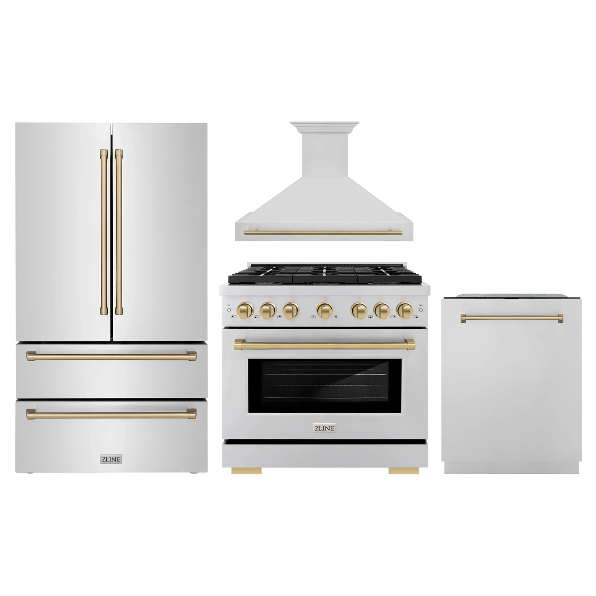 ZLINE Autograph Edition 4-Piece Appliance Package - 36-Inch Gas Range, Refrigerator, Wall Mounted Range Hood, & 24-Inch Tall Tub Dishwasher in Stainless Steel with Champagne Bronze Trim (4KAPR-SGRRHDWM36-CB)