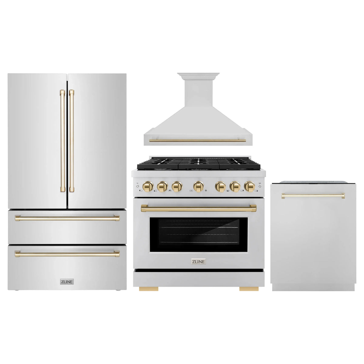 ZLINE Autograph Edition 4-Piece Appliance Package - 36-Inch Gas Range, Refrigerator, Wall Mounted Range Hood, & 24-Inch Tall Tub Dishwasher in Stainless Steel with Gold Trim (4KAPR-SGRRHDWM36-G)