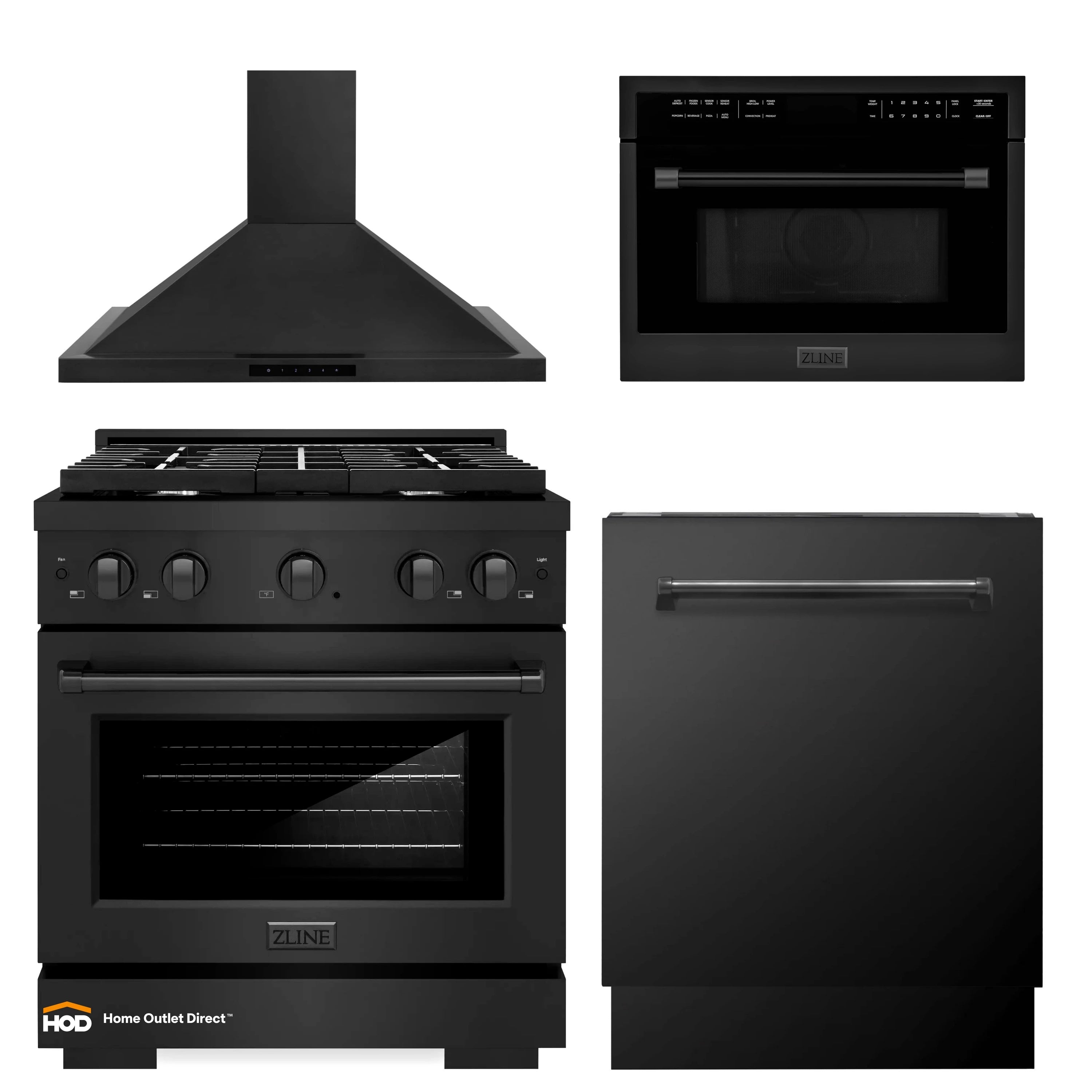Black kitchen appliance set: gas range, wall hood, microwave, and dishwasher