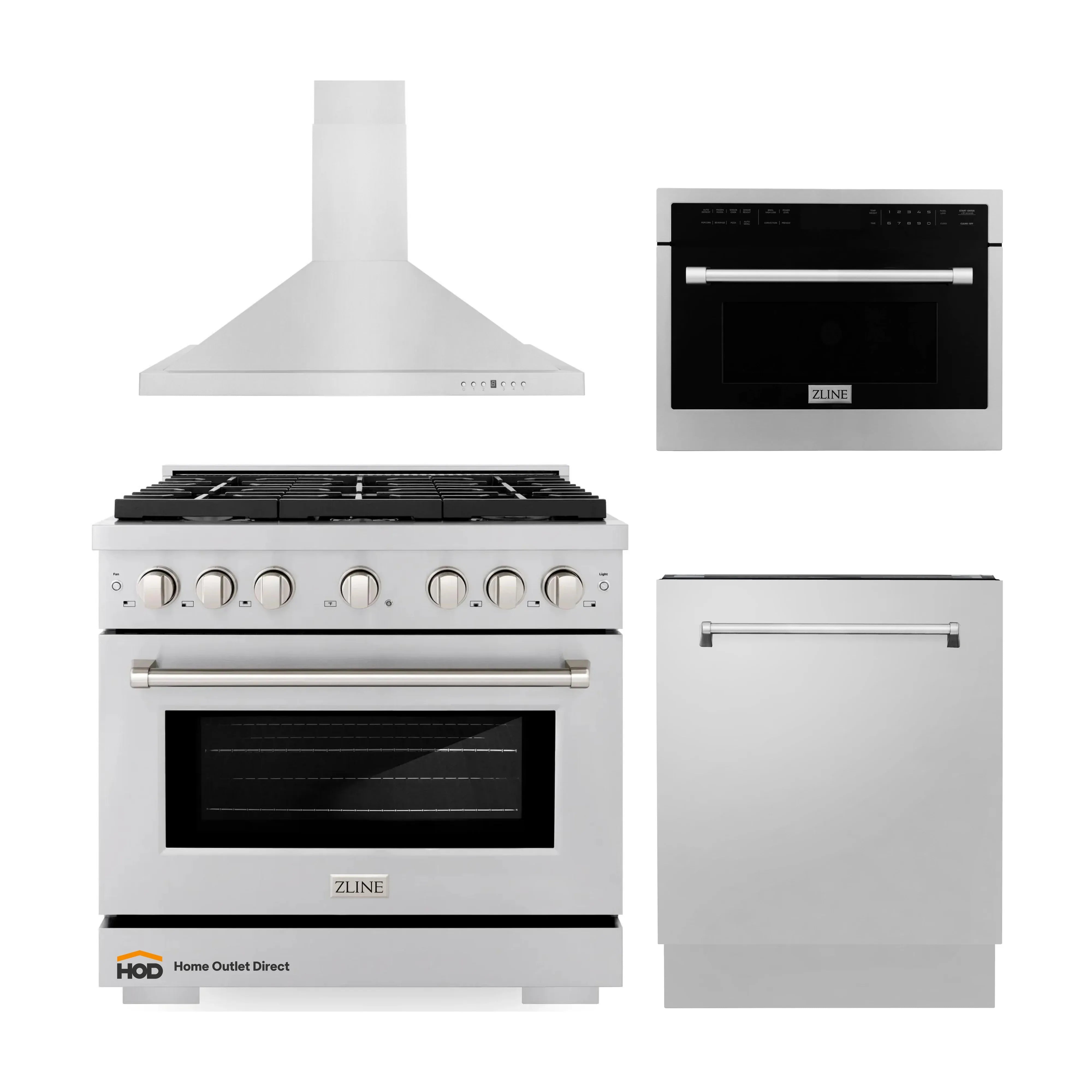 ZLINE kitchen appliance bundle with gas range, hood, microwave, and dishwasher (white)