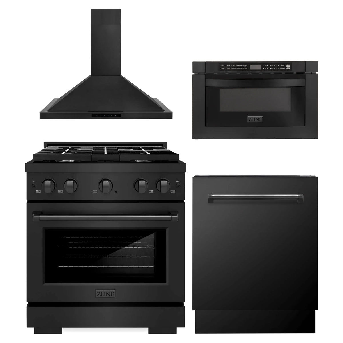 ZLINE 4-Piece Appliance Package - 30-Inch Gas Range, Microwave Drawer, Wall Mount Hood, and 3-Rack Dishwasher in Black Stainless Steel (4KP-SGRBRH30-MWDWV)