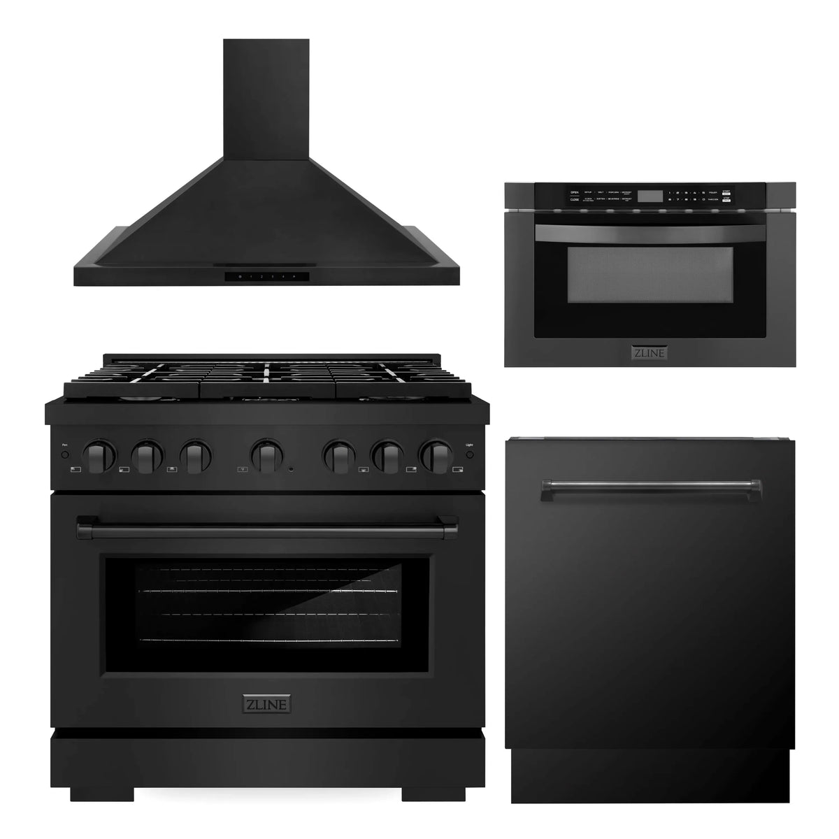 ZLINE 4-Piece Appliance Package - 36-inch Gas Range, Microwave Drawer, 3-Rack Dishwasher, & Convertible Wall Mount Range Hood in Black Stainless Steel (4KP-SGRBRH36-MWDWV)
