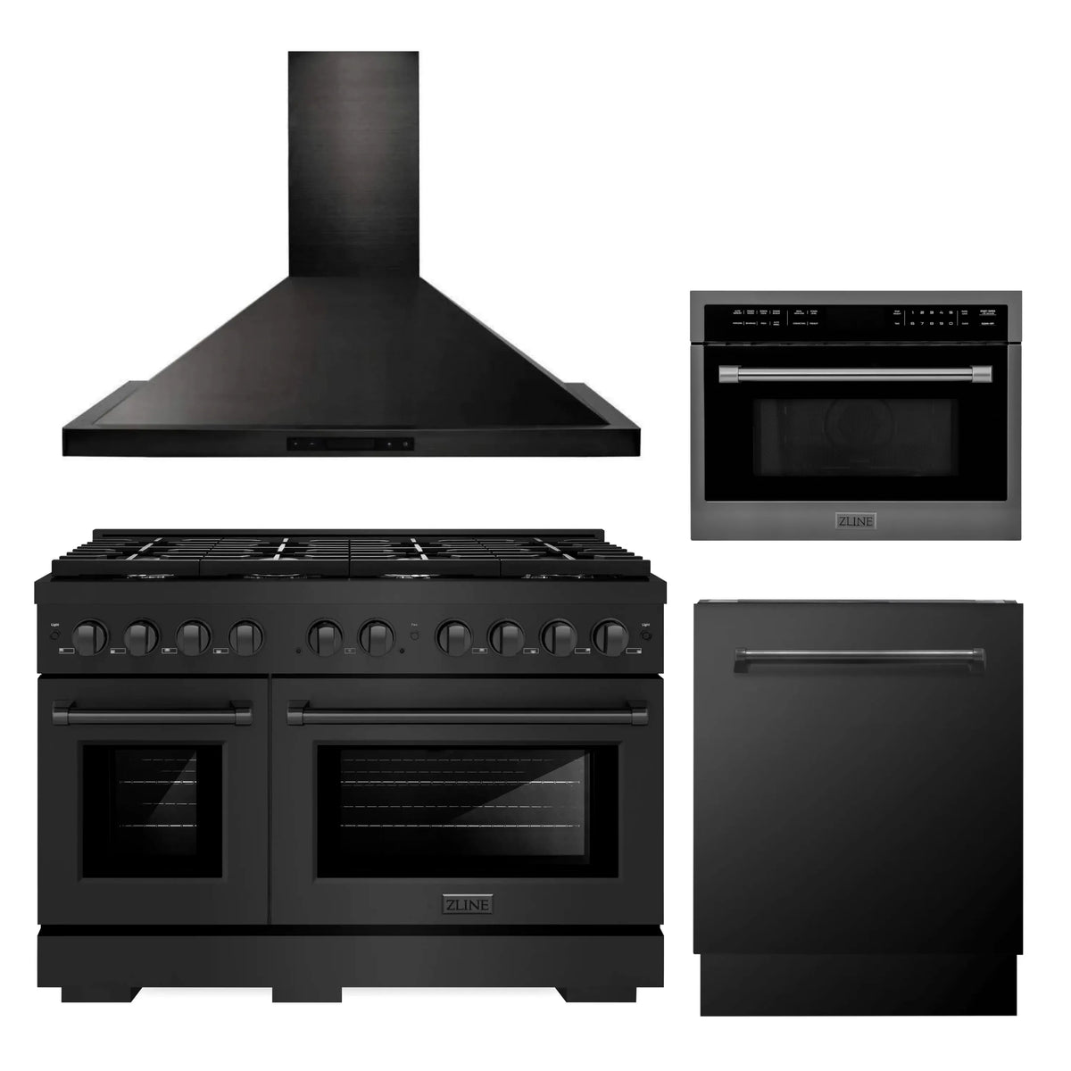 ZLINE 4-Piece Appliance Package - 48-Inch Gas Range, Convertible Wall Mount Hood, Microwave Oven, and 3-Rack Dishwasher in Black Stainless Steel (4KP-SGRBRH48-MODWV)