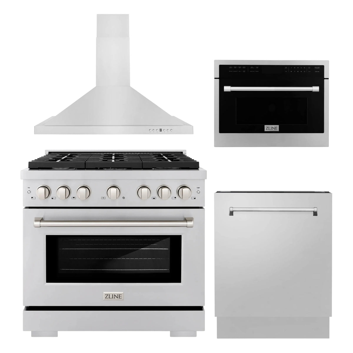 ZLINE 4-Piece Appliance Package - 36-Inch Gas Range, Tall Tub Dishwasher, Microwave Oven & Premium Hood (4KP-SGRRH36-MODWV)
