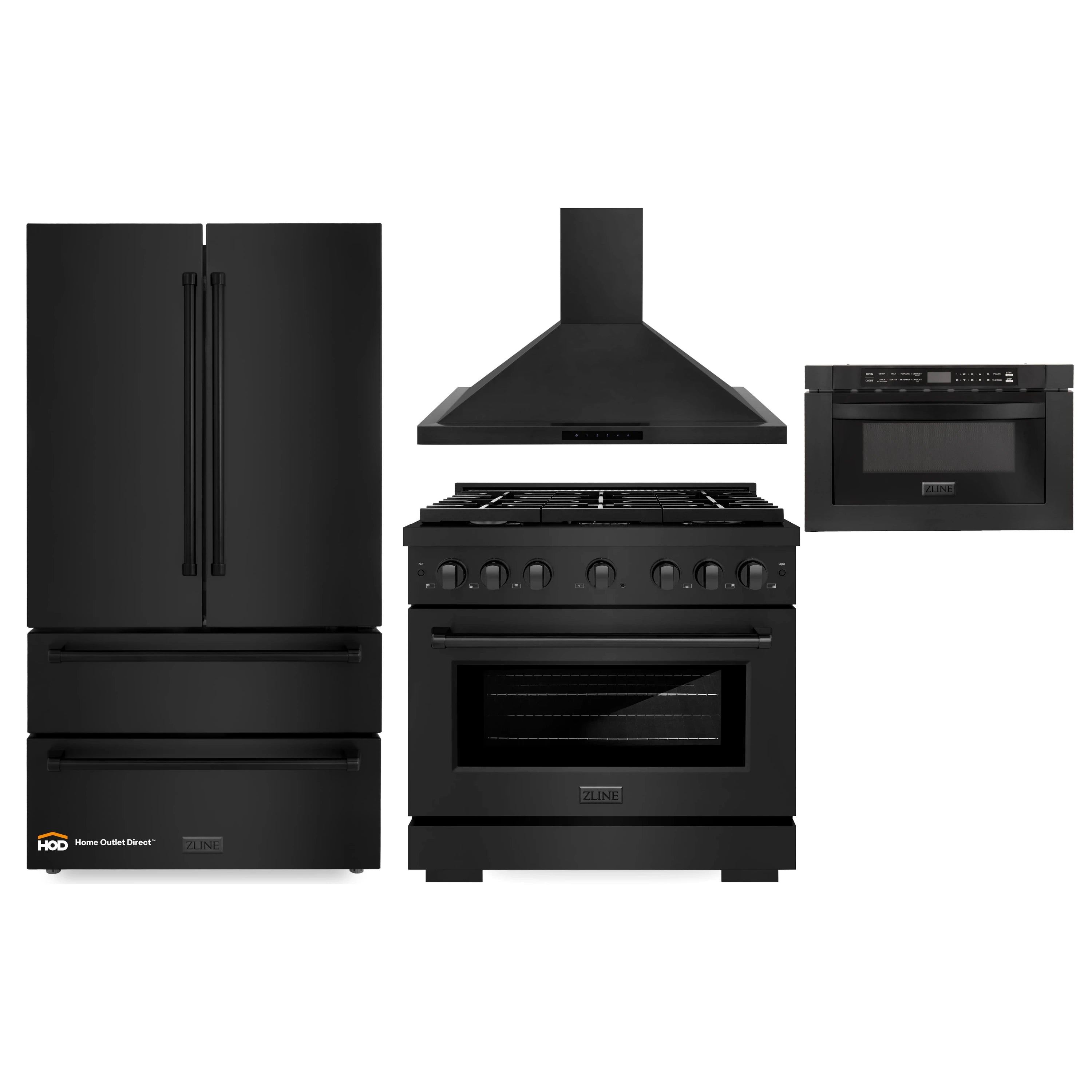 Black stainless appliance package: refrigerator, gas range, microwave drawer, hood