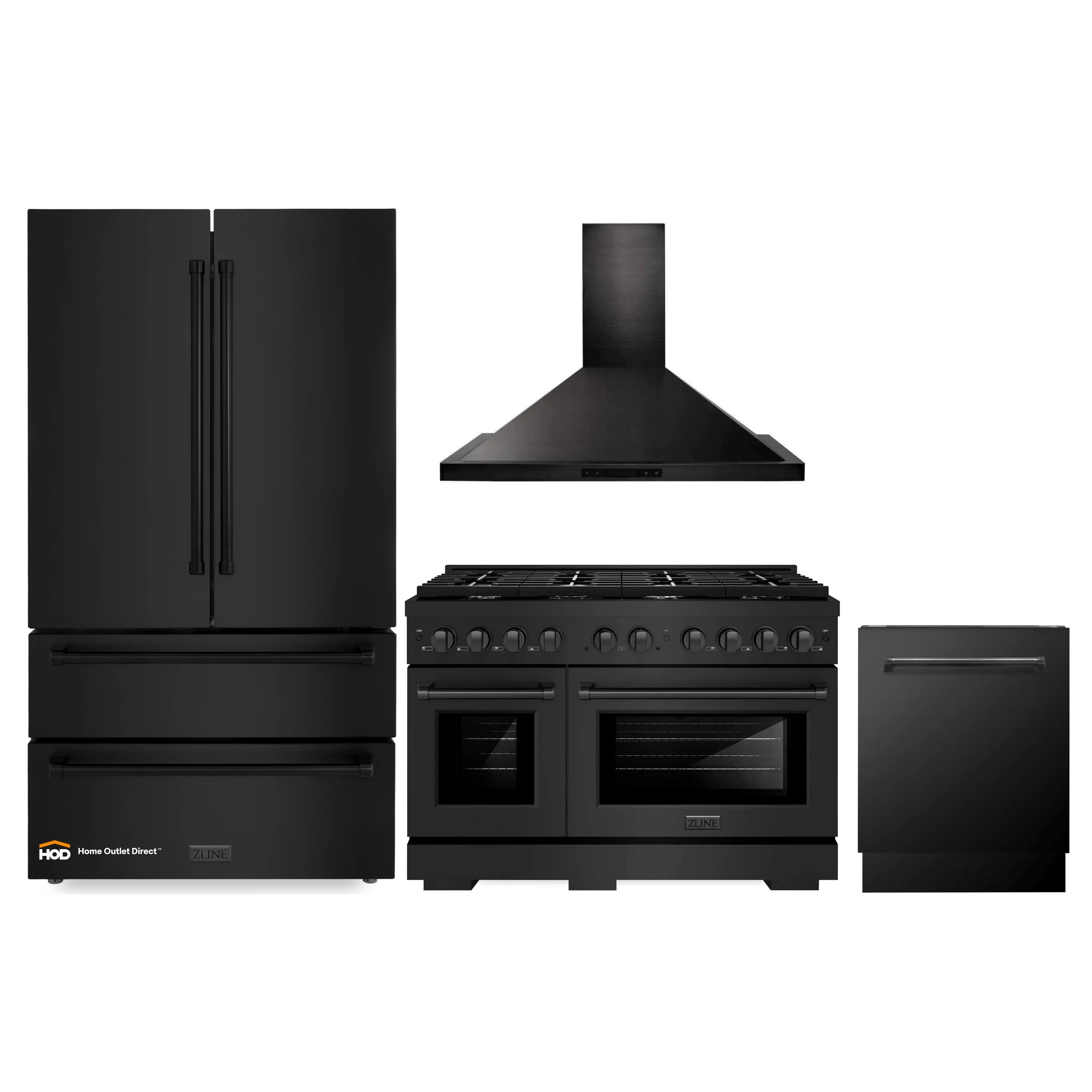 4-piece black stainless appliance package with refrigerator, gas range, hood and dishwasher