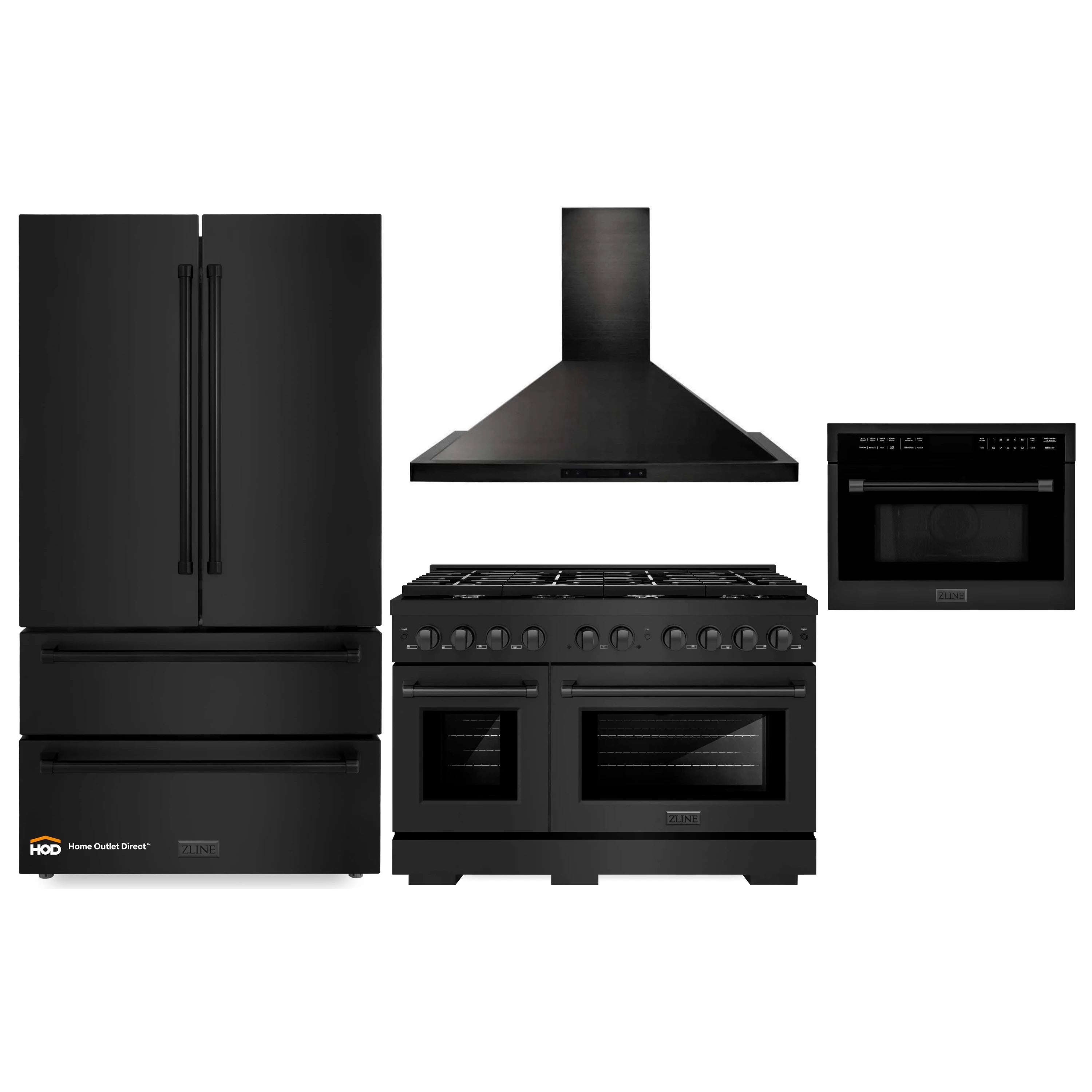 Black stainless steel 4-piece appliance package with range, refrigerator, hood, microwave