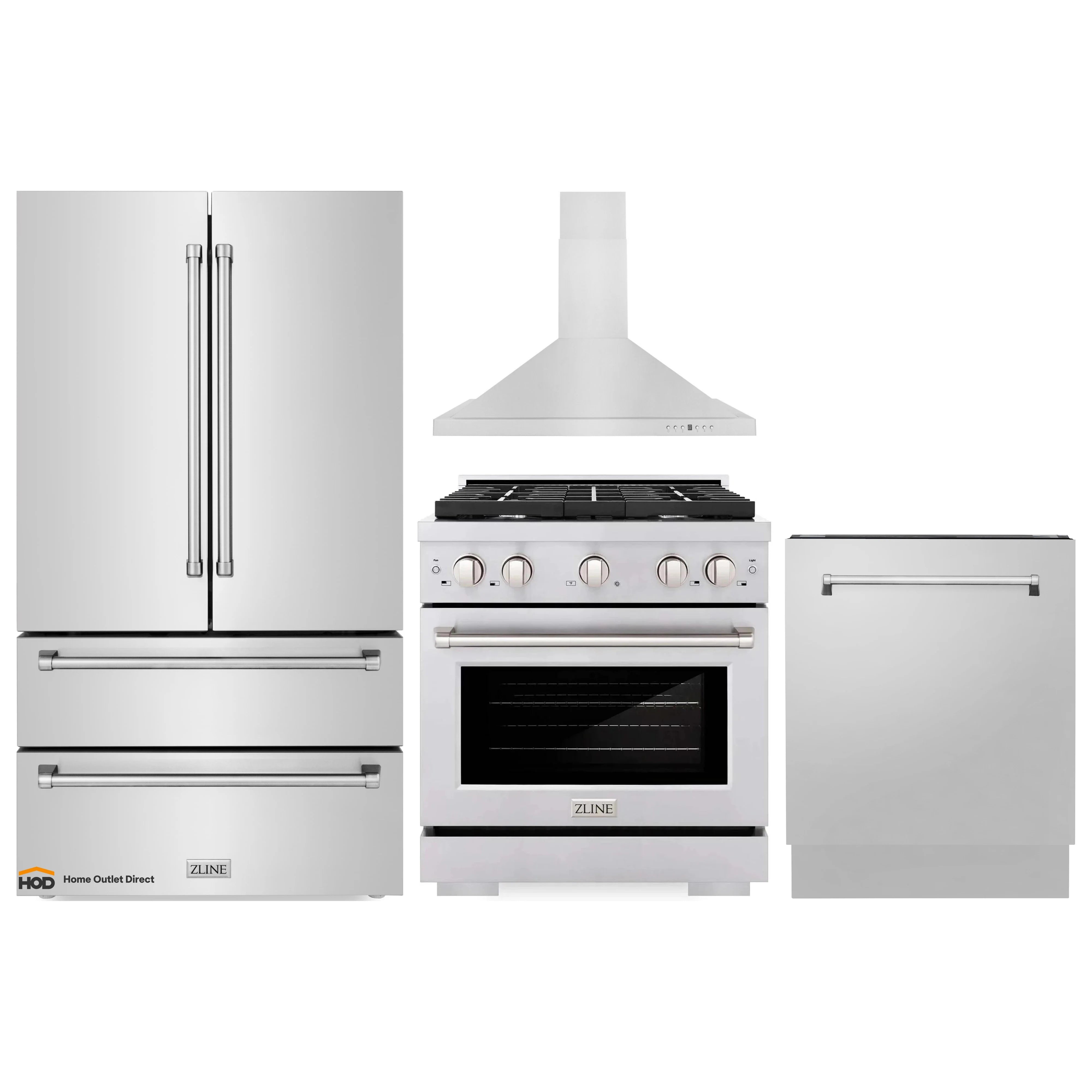 Stainless kitchen appliance set: refrigerator, gas range, range hood, dishwasher