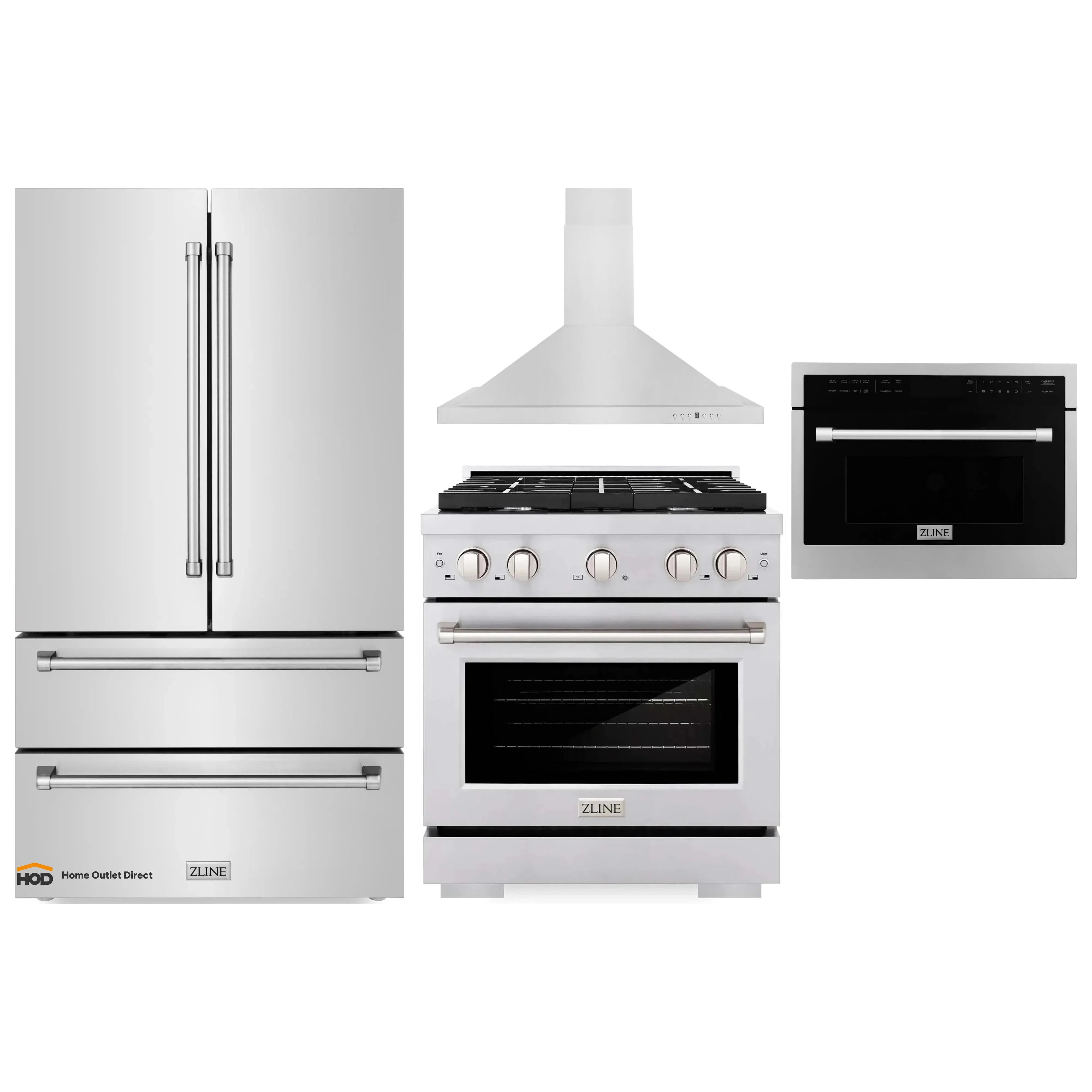 Stainless steel appliance package: refrigerator, gas range, hood, and microwave