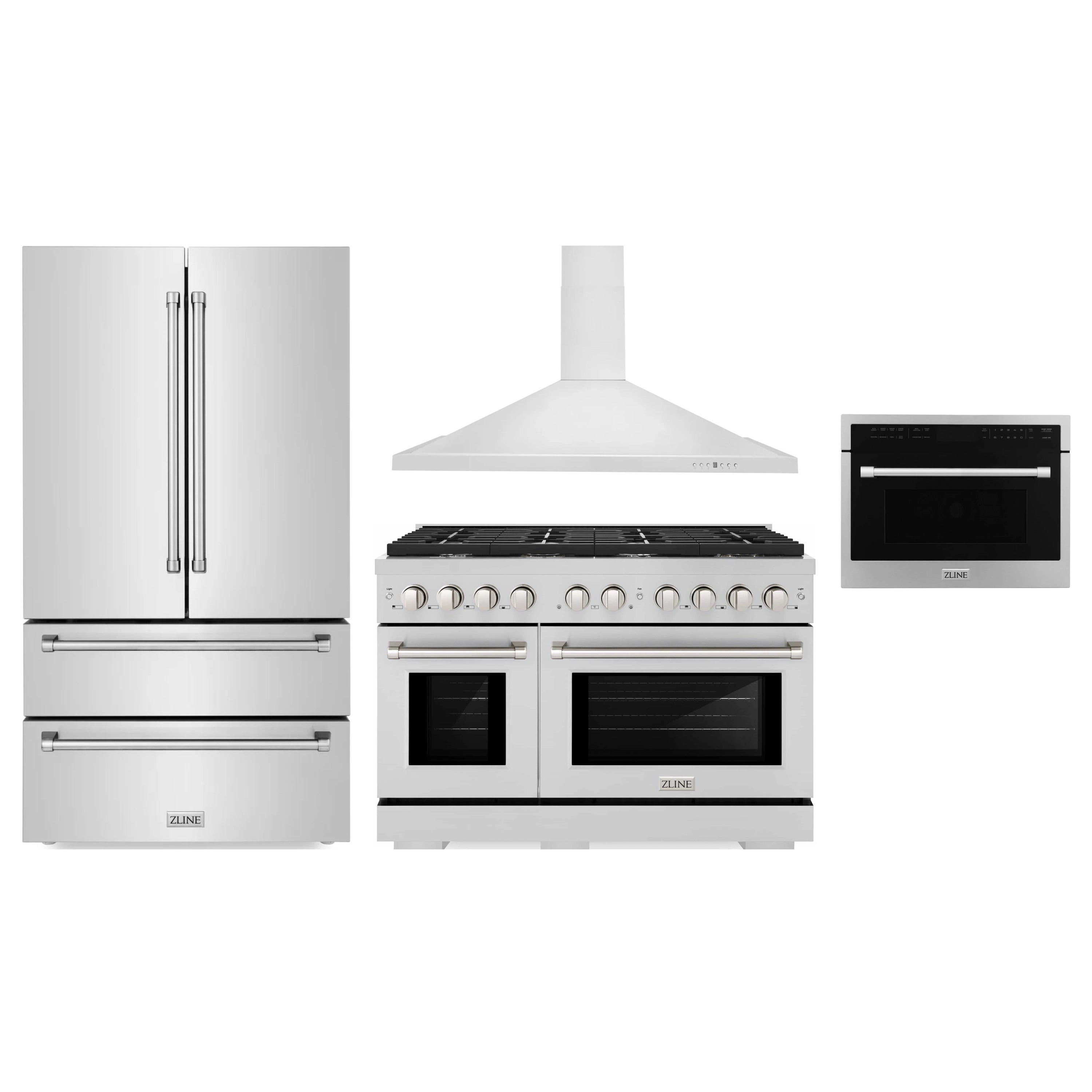 Stainless steel kitchen appliance set with refrigerator, gas range, hood, and microwave