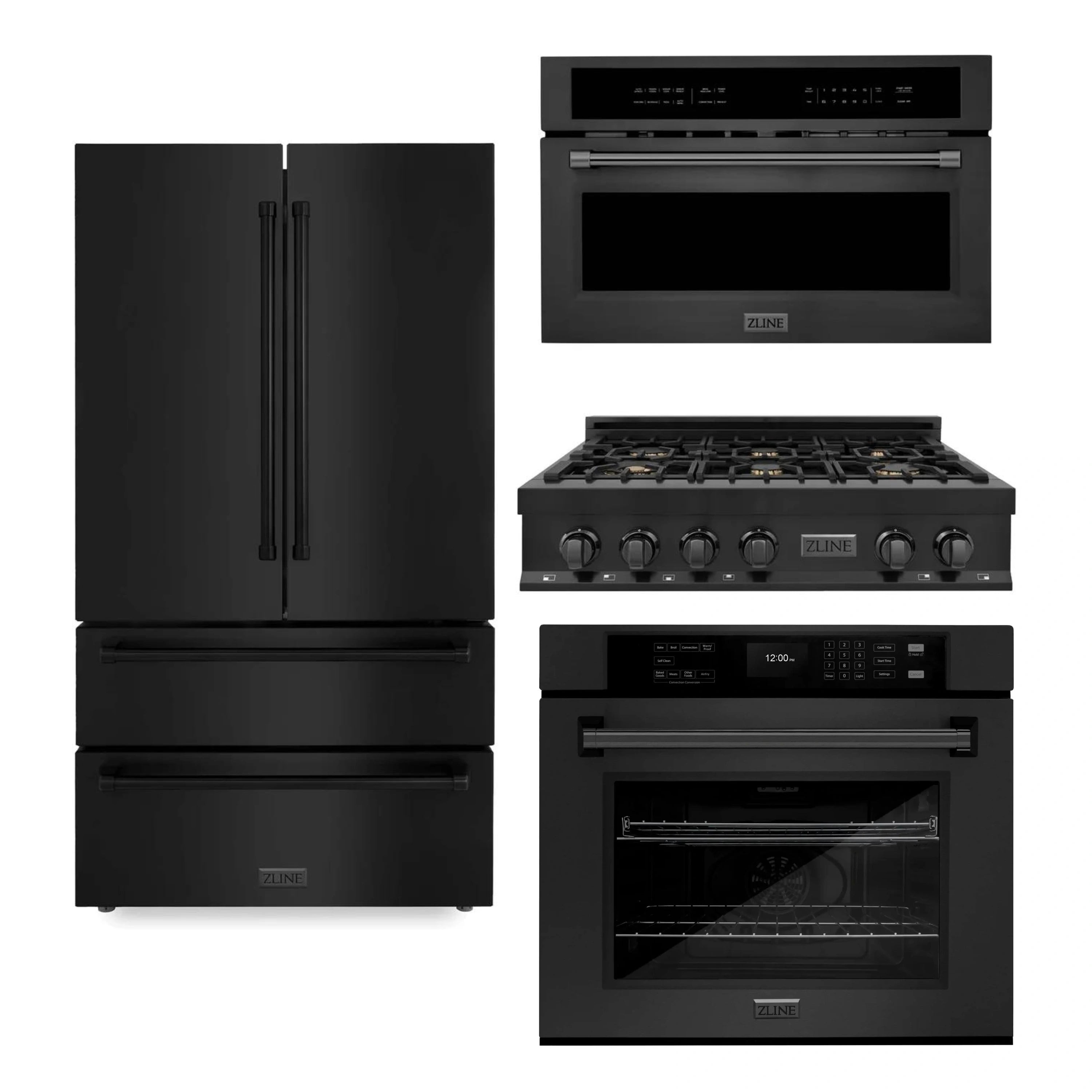 Black stainless steel appliance package with refrigerator, rangetop, wall oven, and microwave