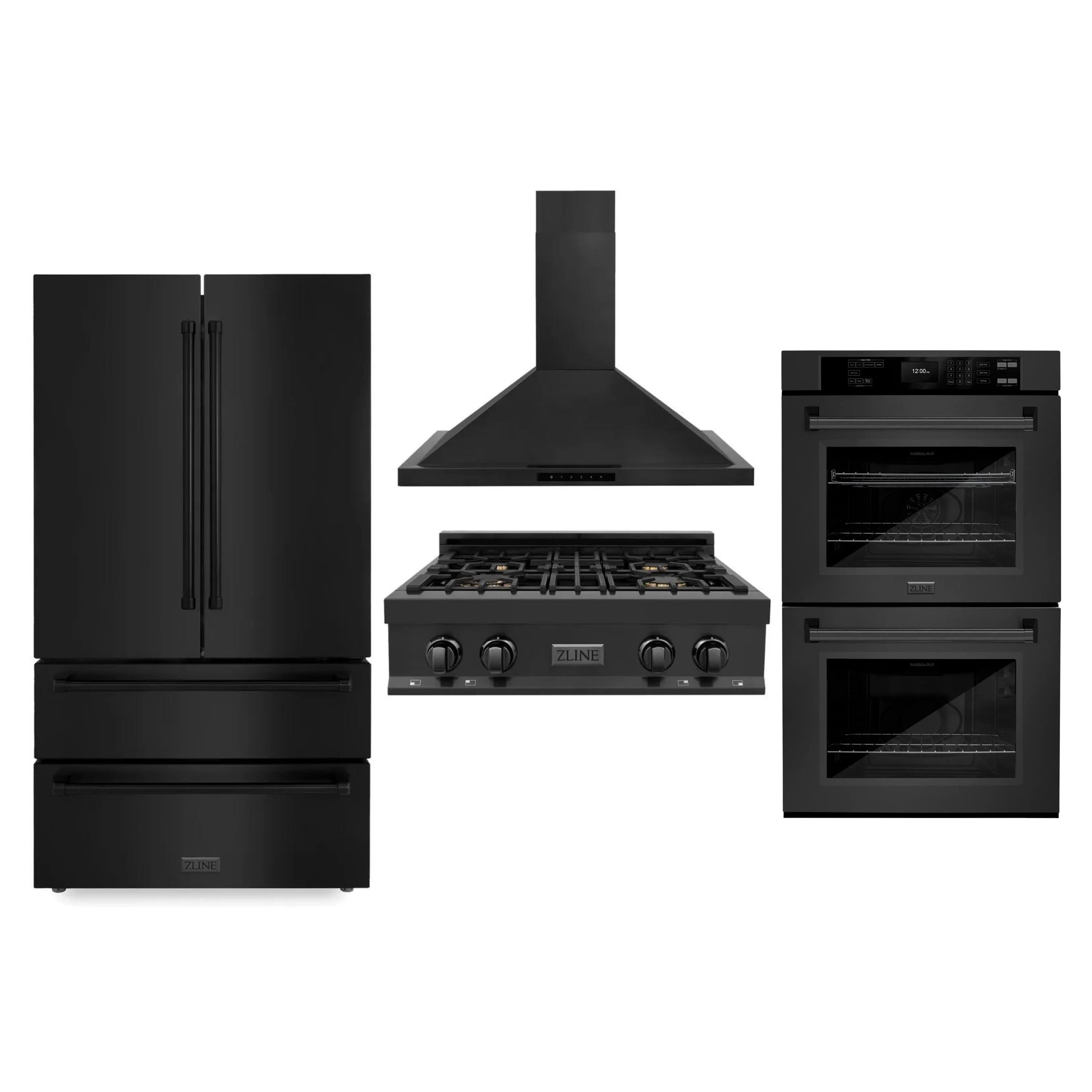 ZLINE black stainless appliance set with refrigerator, rangetop, hood, and double oven