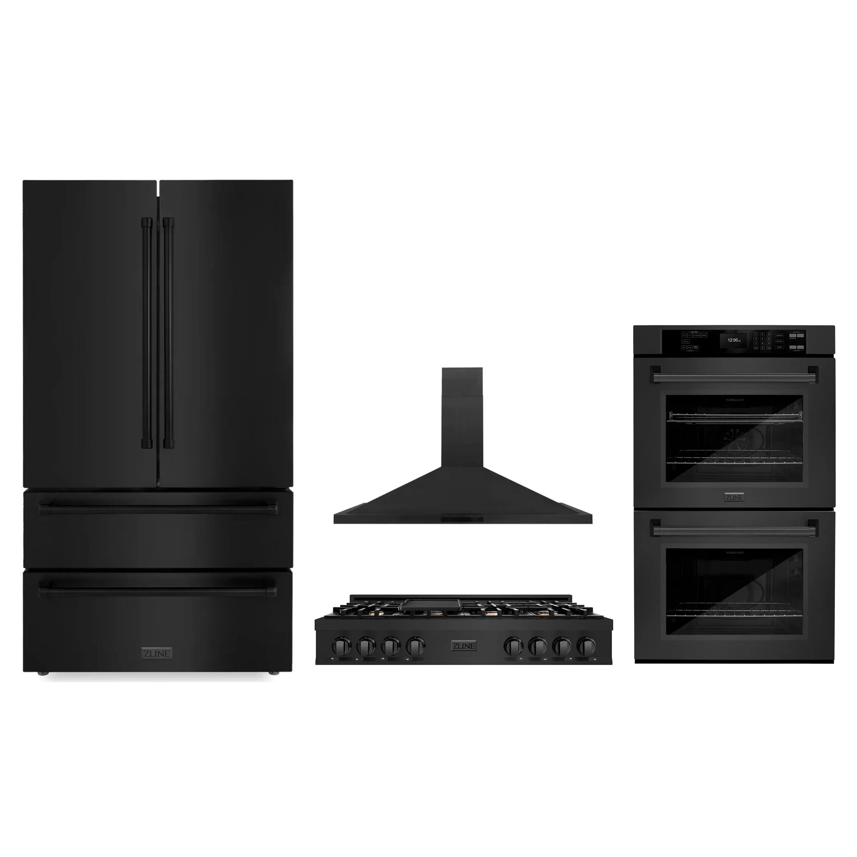Black stainless appliance package showing refrigerator, rangetop, hood, and double wall oven
