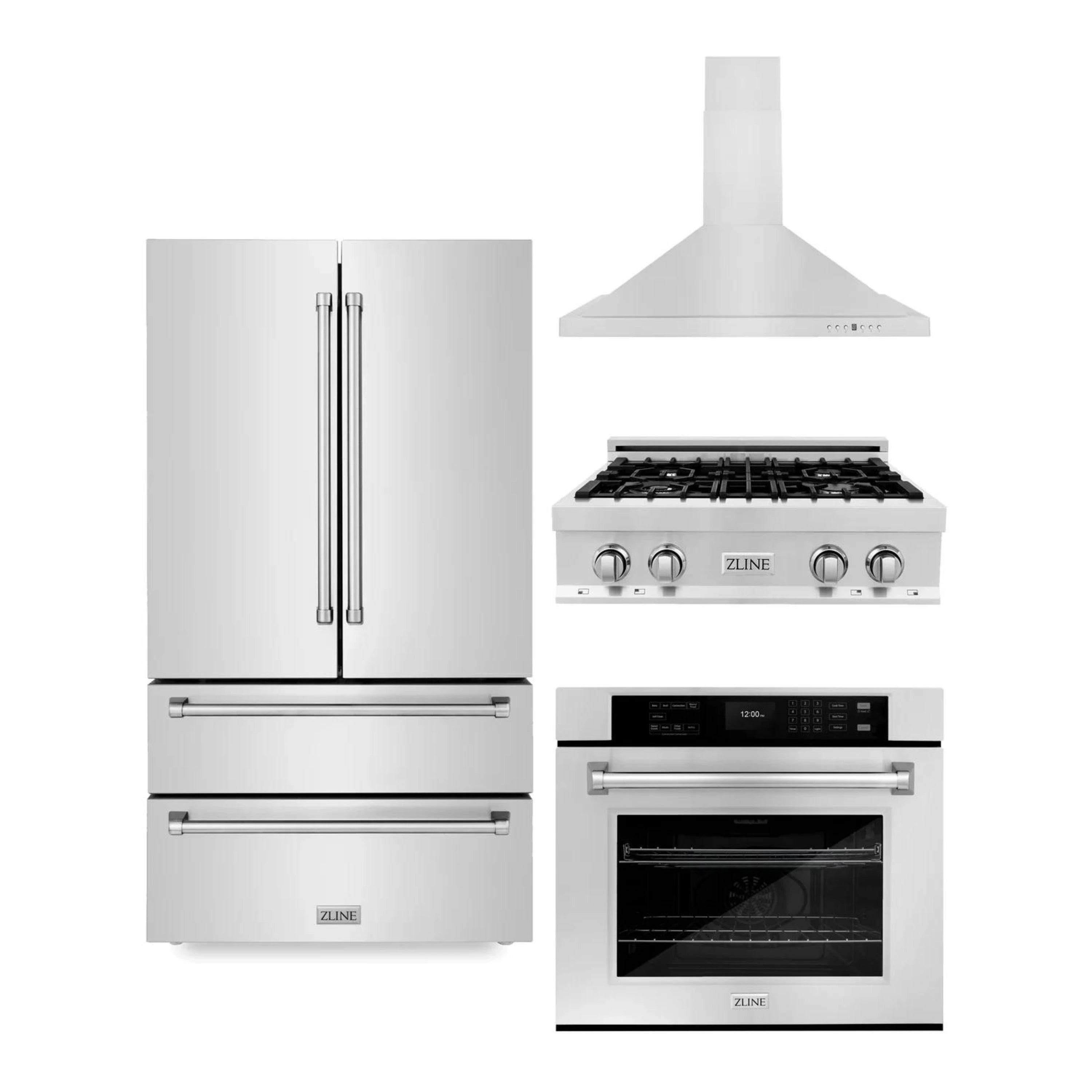 ZLINE 4-piece appliance set: refrigerator, gas rangetop, wall oven, and range hood