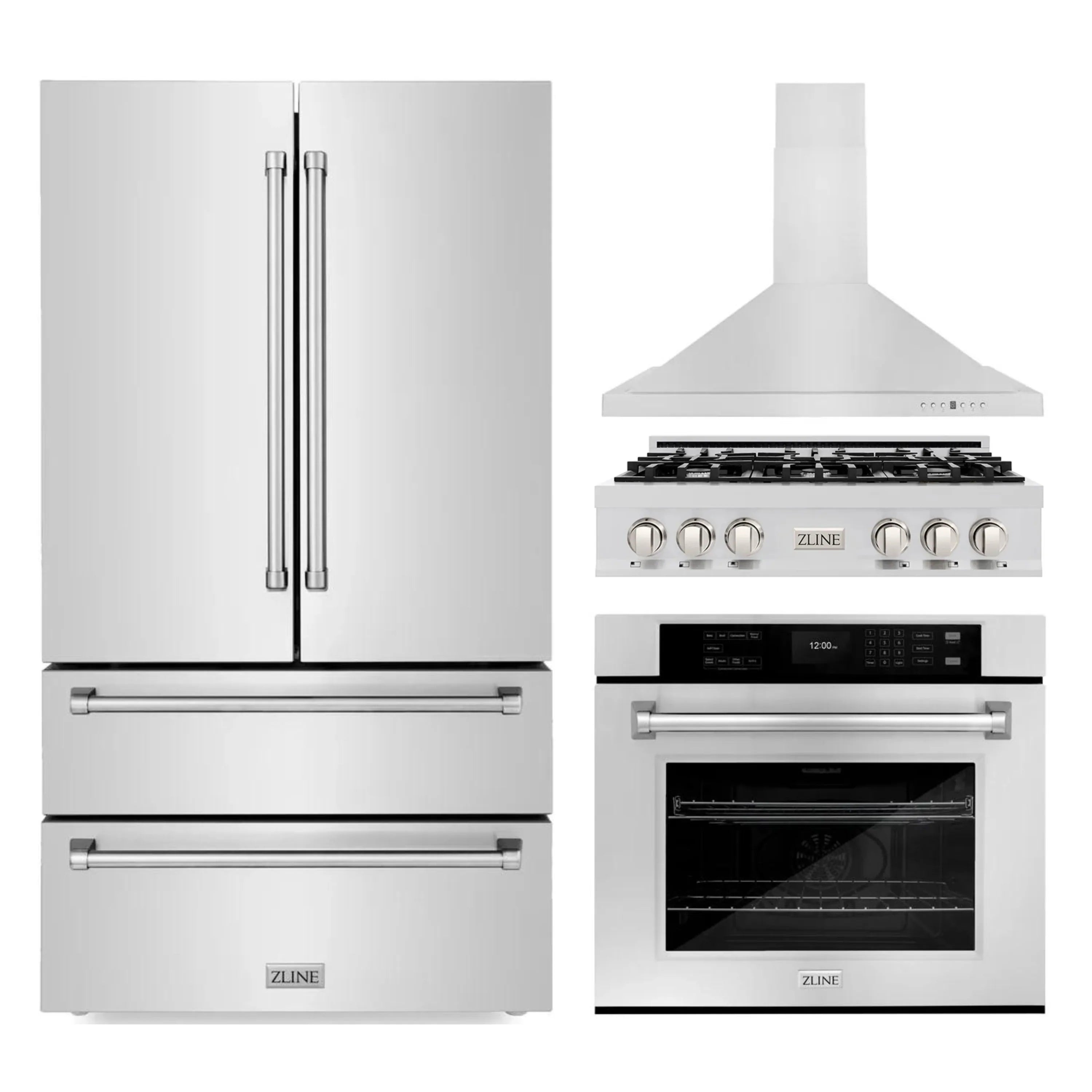 Stainless steel kitchen appliance set with refrigerator, range, oven, and wall hood