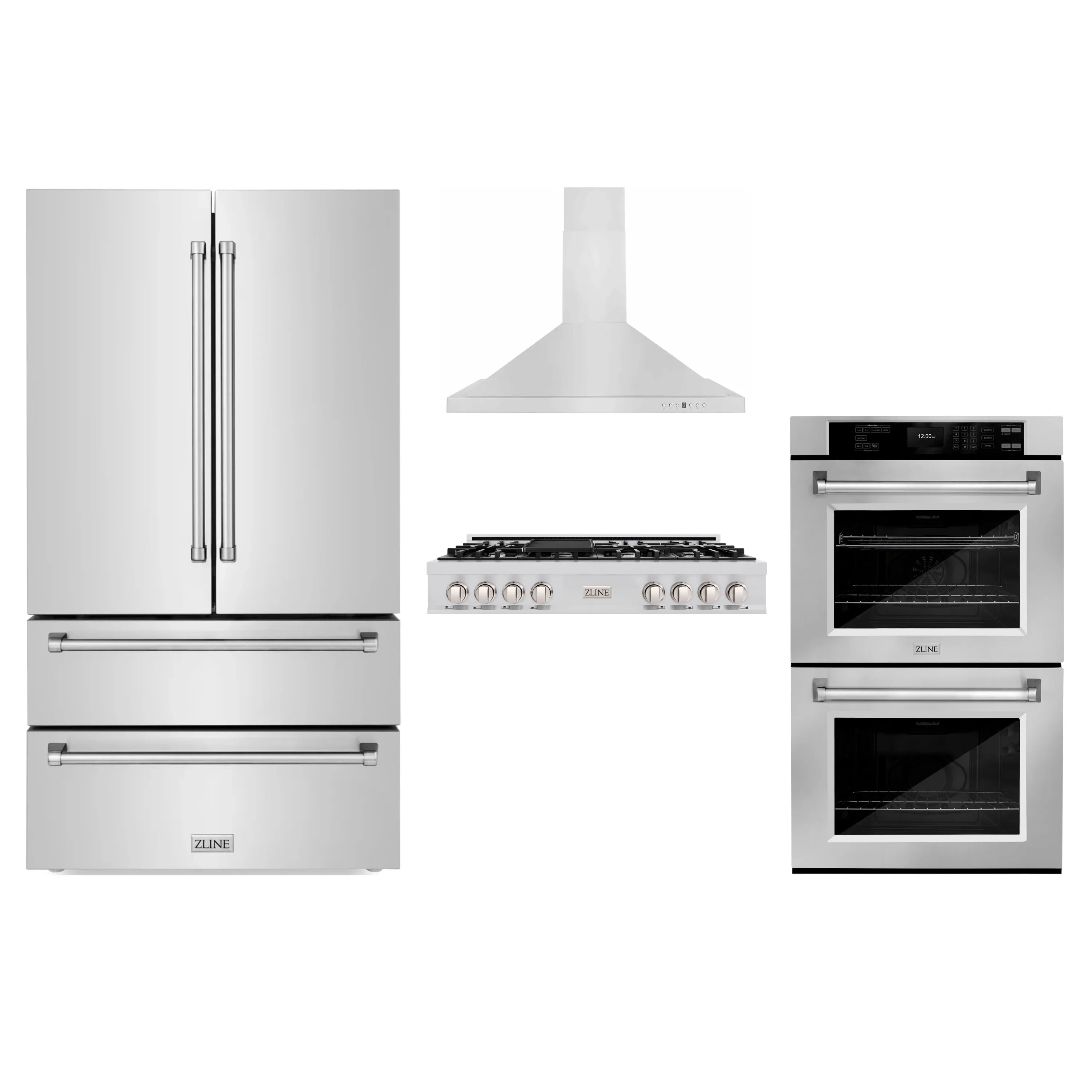 Stainless steel appliance package set with range hood, refrigerator, and double wall oven