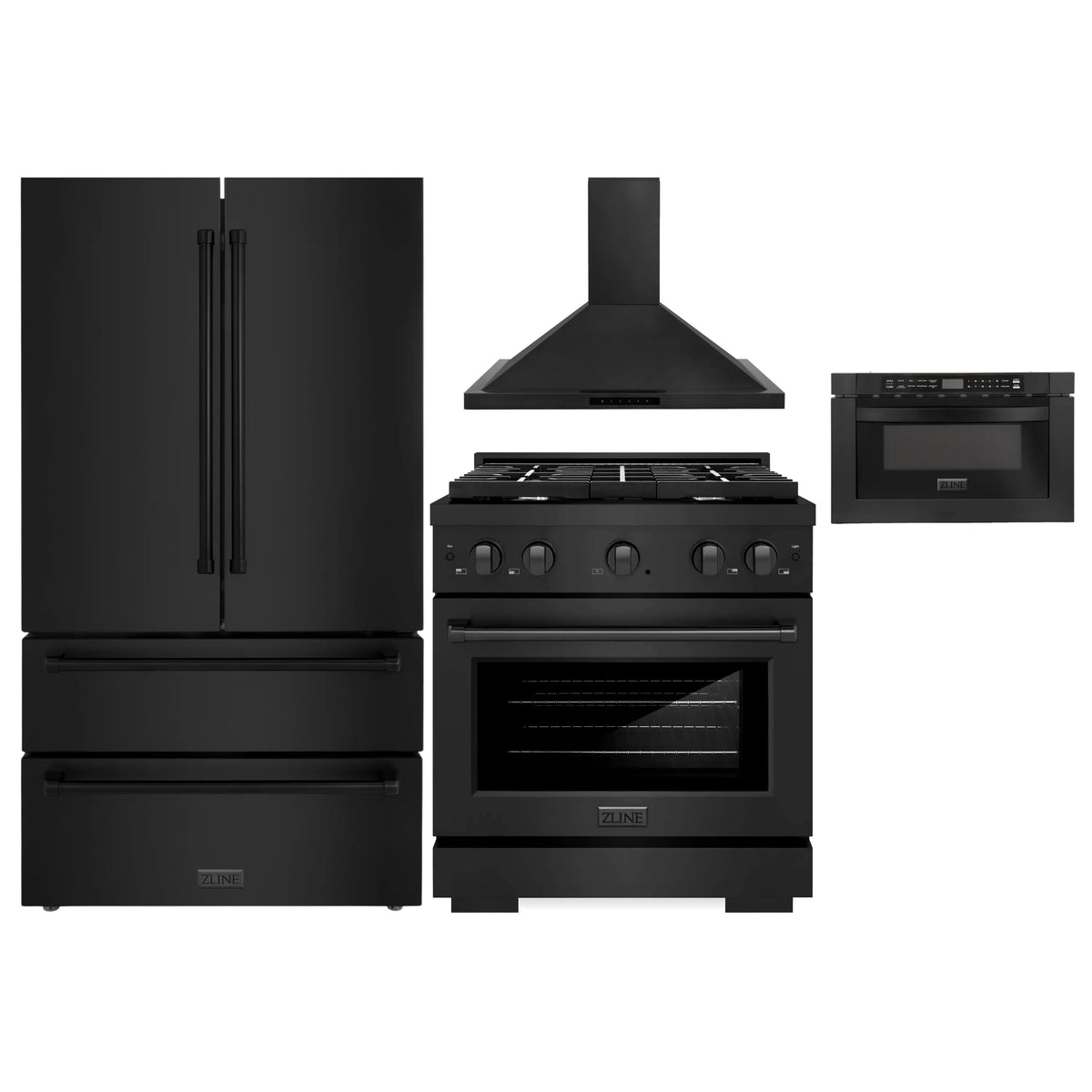ZLINE 4-Piece Appliance Package - 30-Inch Gas Range, Refrigerator, Convertible Wall Mount Hood, and Microwave Drawer in Black Stainless Steel (4KPR-SGRBRH30-MW)