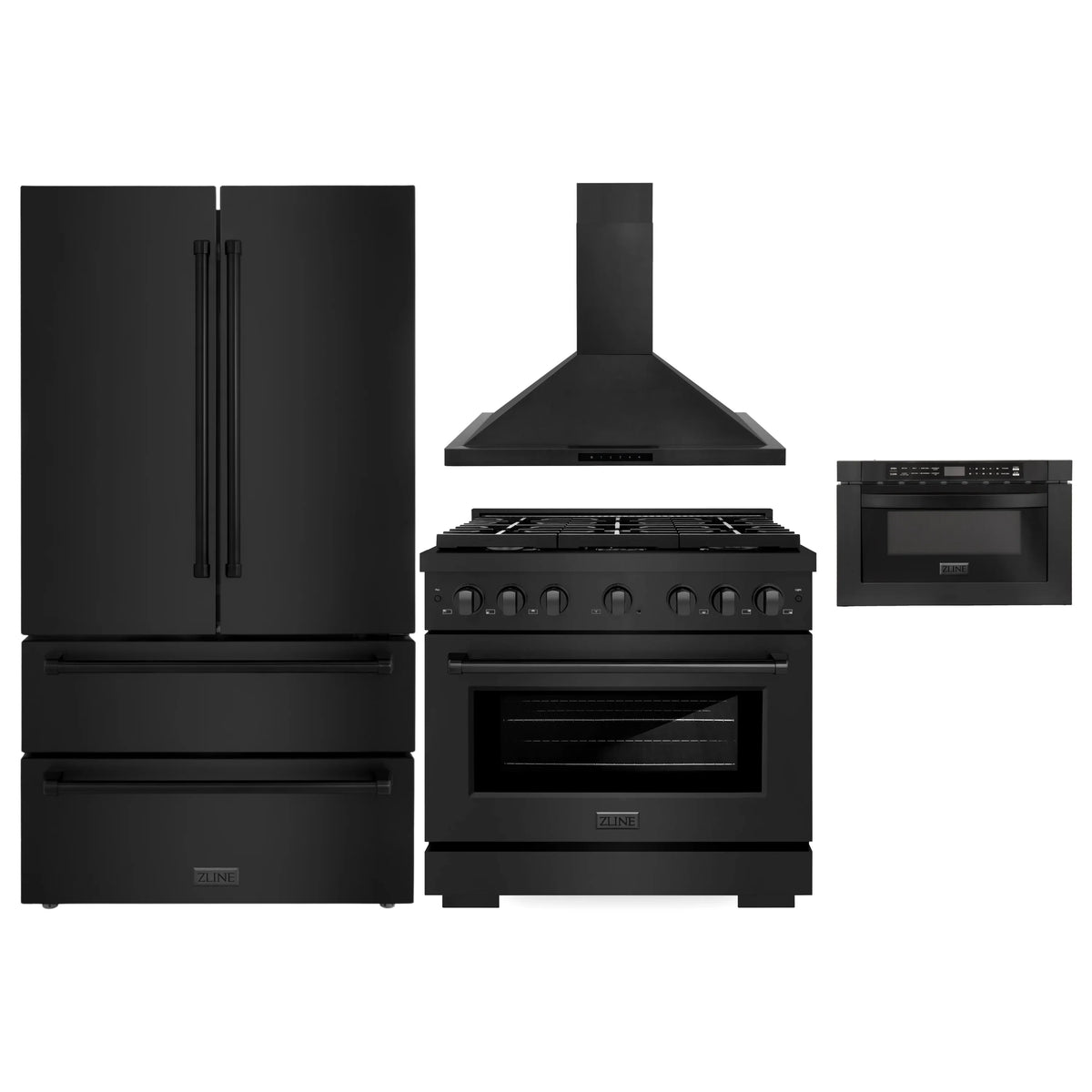 ZLINE 4-Piece Appliance Package - 36-inch Gas Range, 36-inch Refrigerator, Convertible Wall Mount Hood, and Microwave Drawer in Black Stainless Steel (4KPR-SGRBRH36-MW)