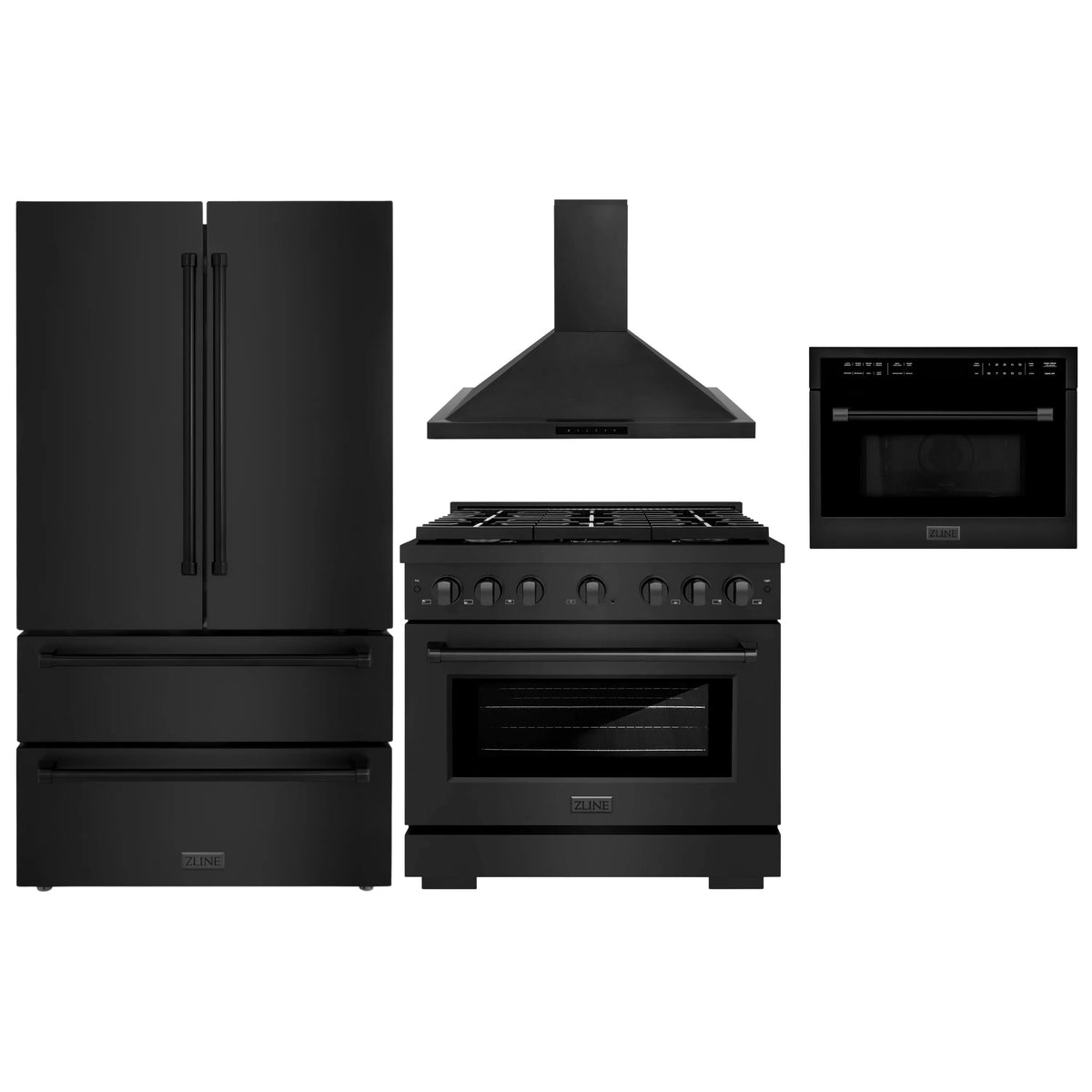 ZLINE 4-Piece Appliance Package - 36-Inch Gas Range, Refrigerator, Convertible Wall Mount Hood, and Microwave Oven in Black Stainless Steel (4KPR-SGRBRH36-MWO)