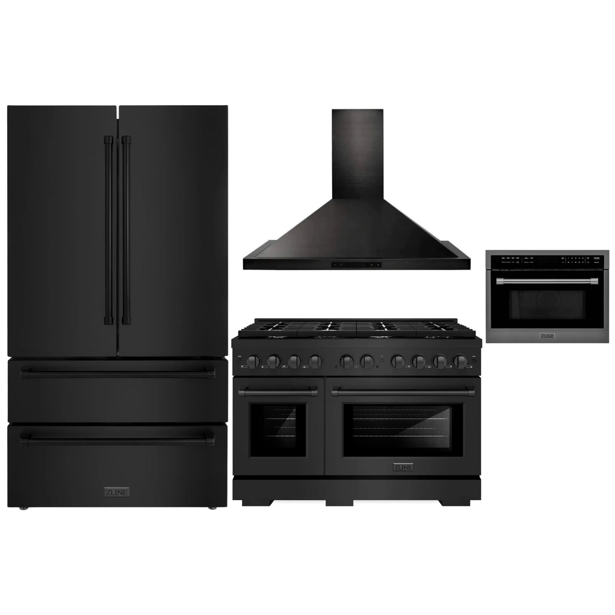 ZLINE 4-Piece Appliance Package - 48-Inch Gas Range, Refrigerator, Convertible Wall Mount Hood, and Microwave Oven in Black Stainless Steel (4KPR-SGRBRH48-MWO)