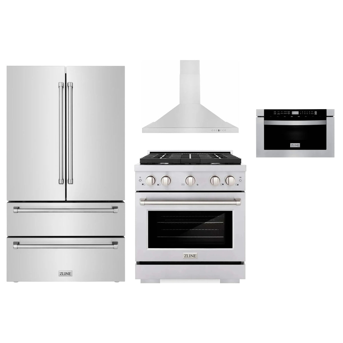 ZLINE 4-Piece Appliance Package - 30-Inch Gas Range, Refrigerator, Convertible Wall Mount Hood, and Microwave Drawer in Stainless Steel (4KPR-SGRRH30-MW)