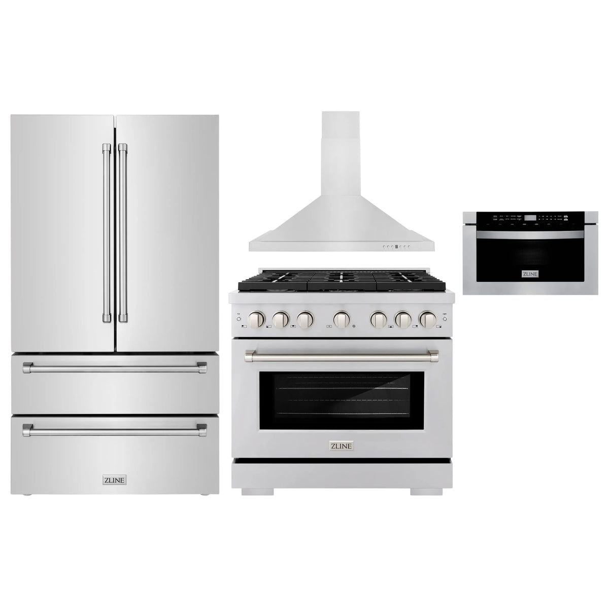 ZLINE 4-Piece Appliance Package - 36-Inch Gas Range, Refrigerator, Convertible Wall Mount Hood, and Microwave Drawer in Stainless Steel (4KPR-SGRRH36-MW)