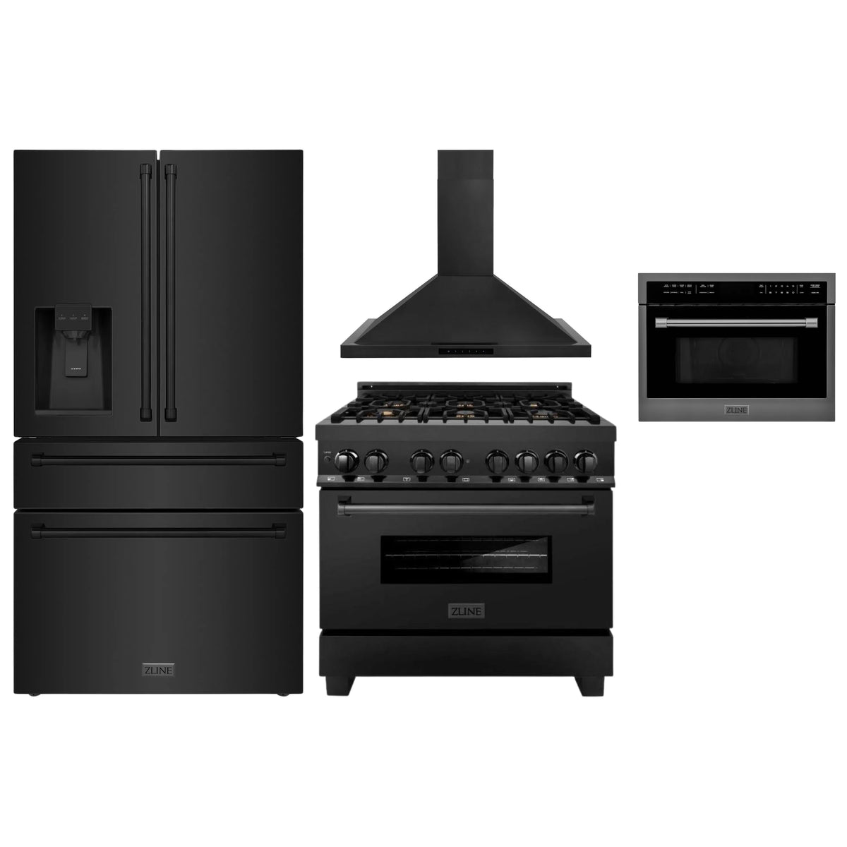 ZLINE 4-Piece Appliance Package - 36-Inch Dual Fuel Range with Brass Burners, Refrigerator with Water Dispenser, Convertible Wall Mount Hood, and Microwave Oven in Black Stainless Steel (4KPRW-RABRH36-MWO)