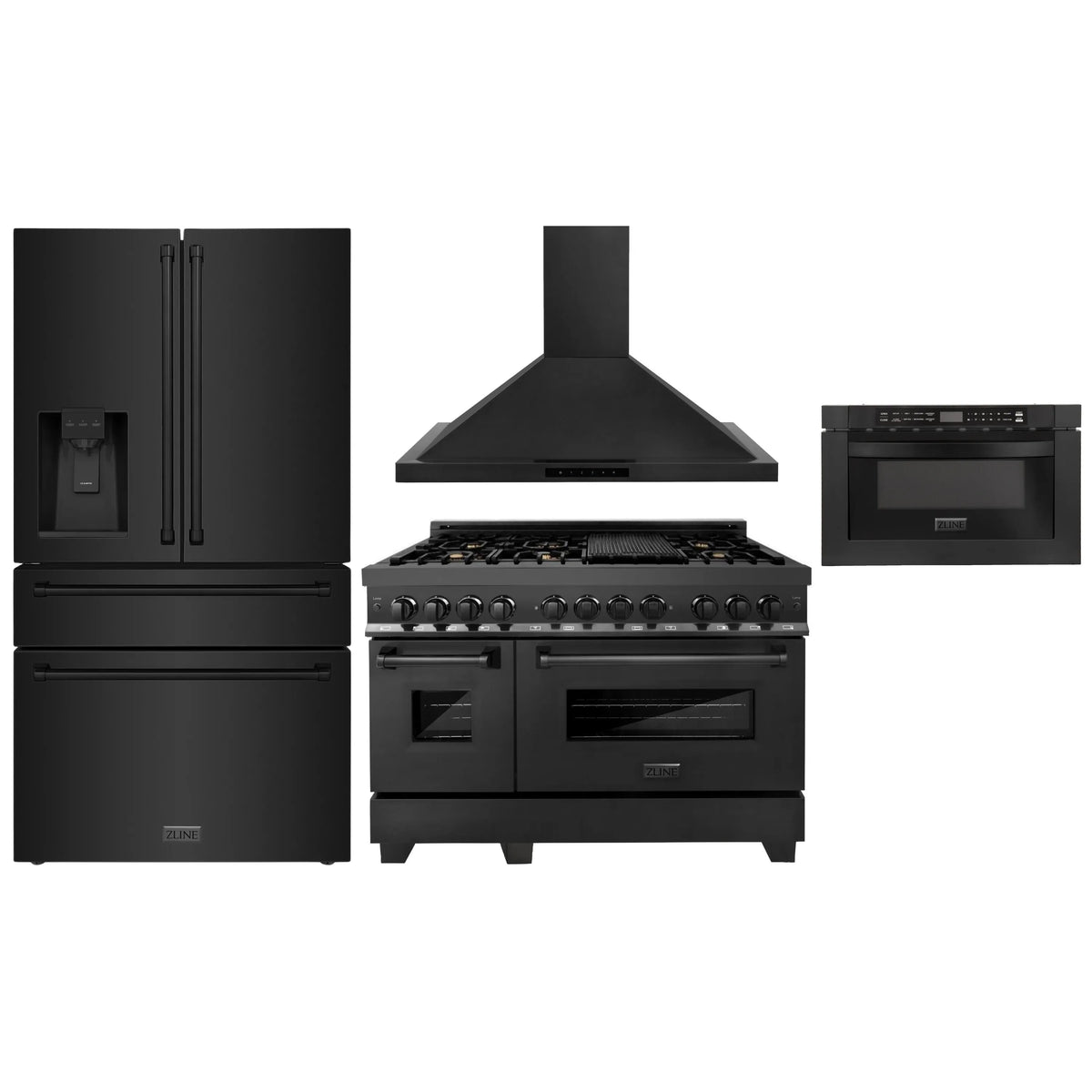 ZLINE 4-Piece Appliance Package - 48-Inch Dual Fuel Range with Brass Burners, Refrigerator with Water Dispenser, Convertible Wall Mount Hood, and Microwave Drawer in Black Stainless Steel (4KPRW-RABRH48-MWD)