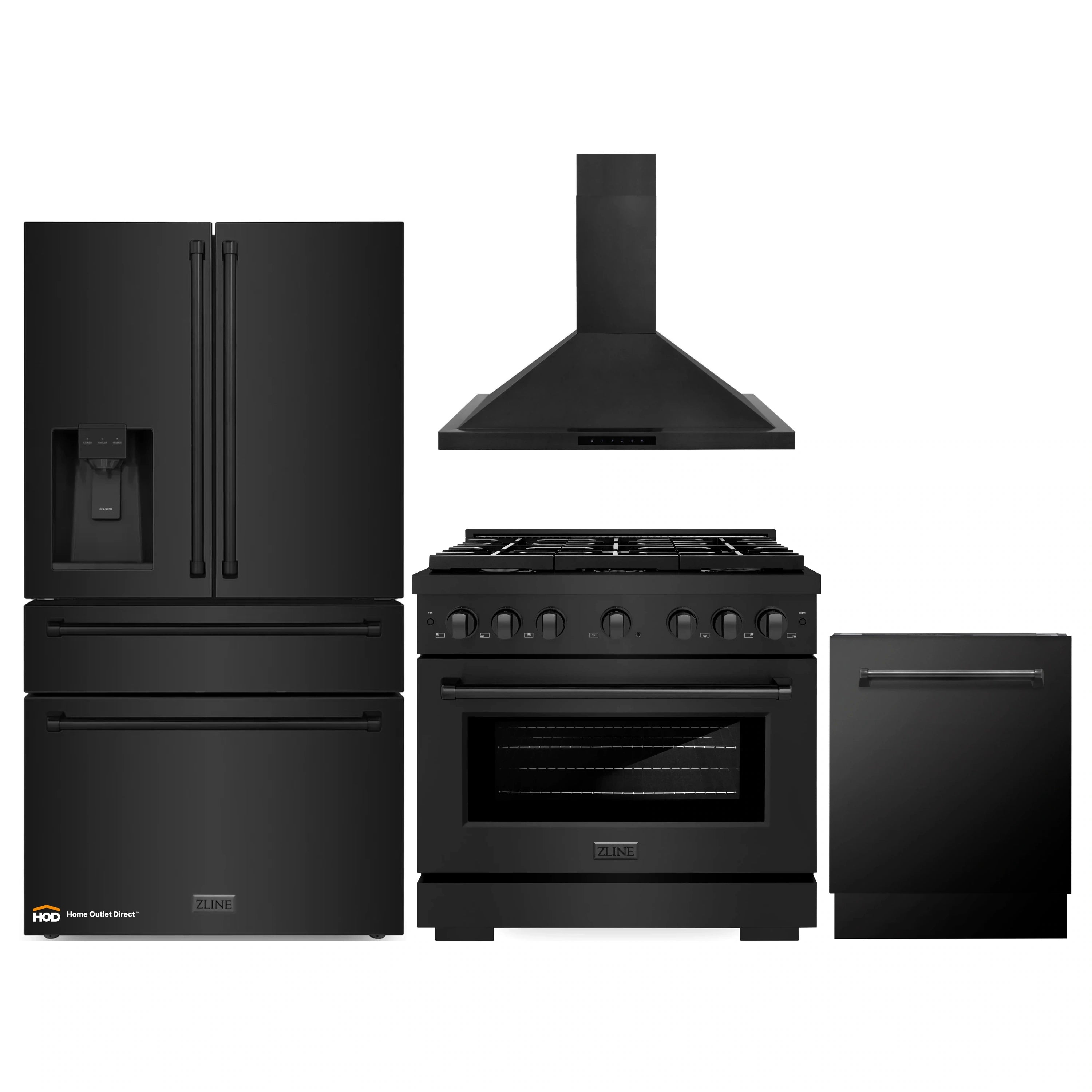Black stainless 4-piece kitchen appliance set with refrigerator, range, hood, and dishwasher