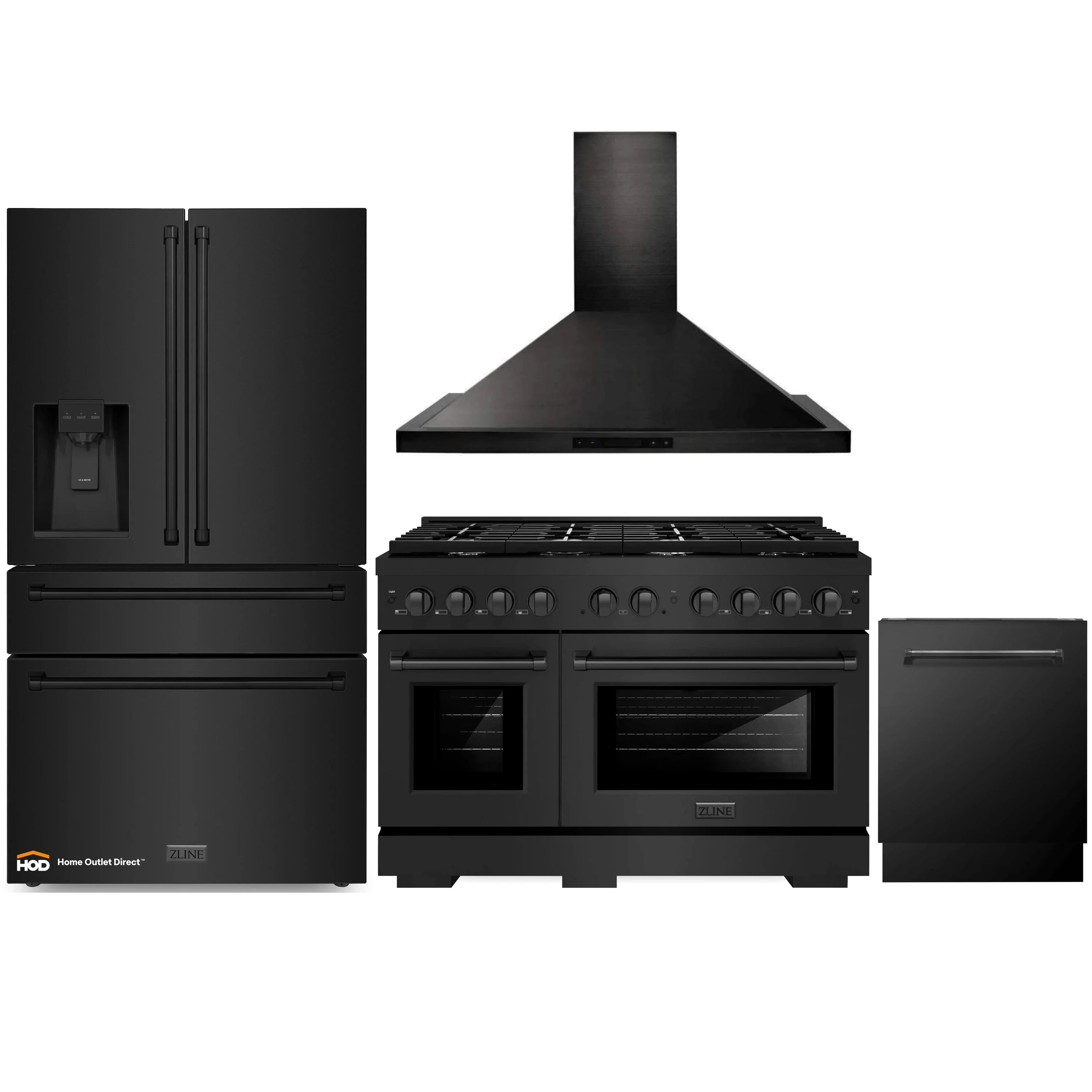 Black stainless kitchen appliance package: gas range, wall hood, and refrigerator