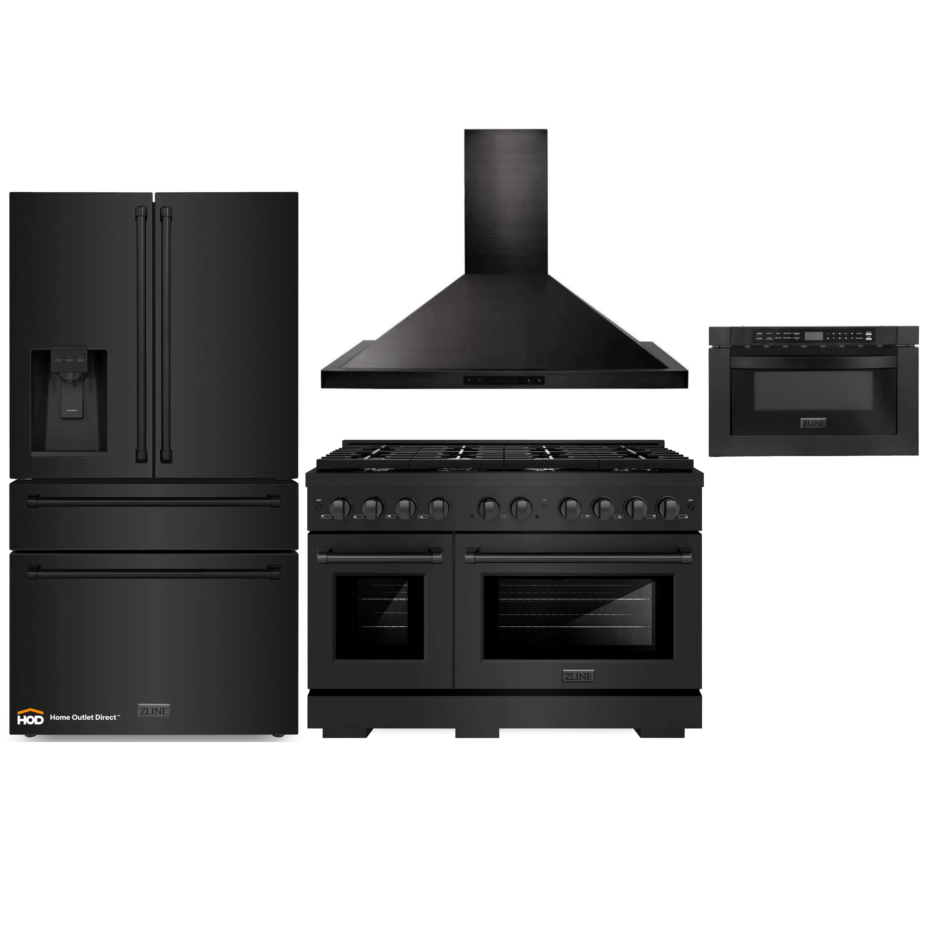 Black stainless appliance set: refrigerator, gas range with hood, microwave drawer